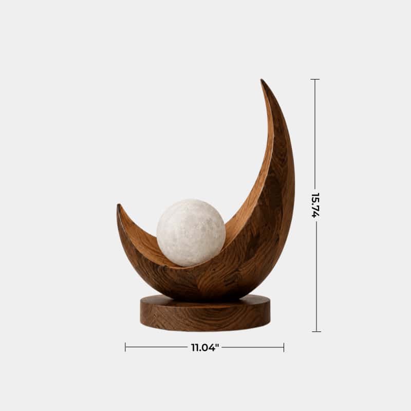 Celestial Crescent Wood Lamp | Modern Moon Orb Sculpture | Ornamental Gift for Home Decor