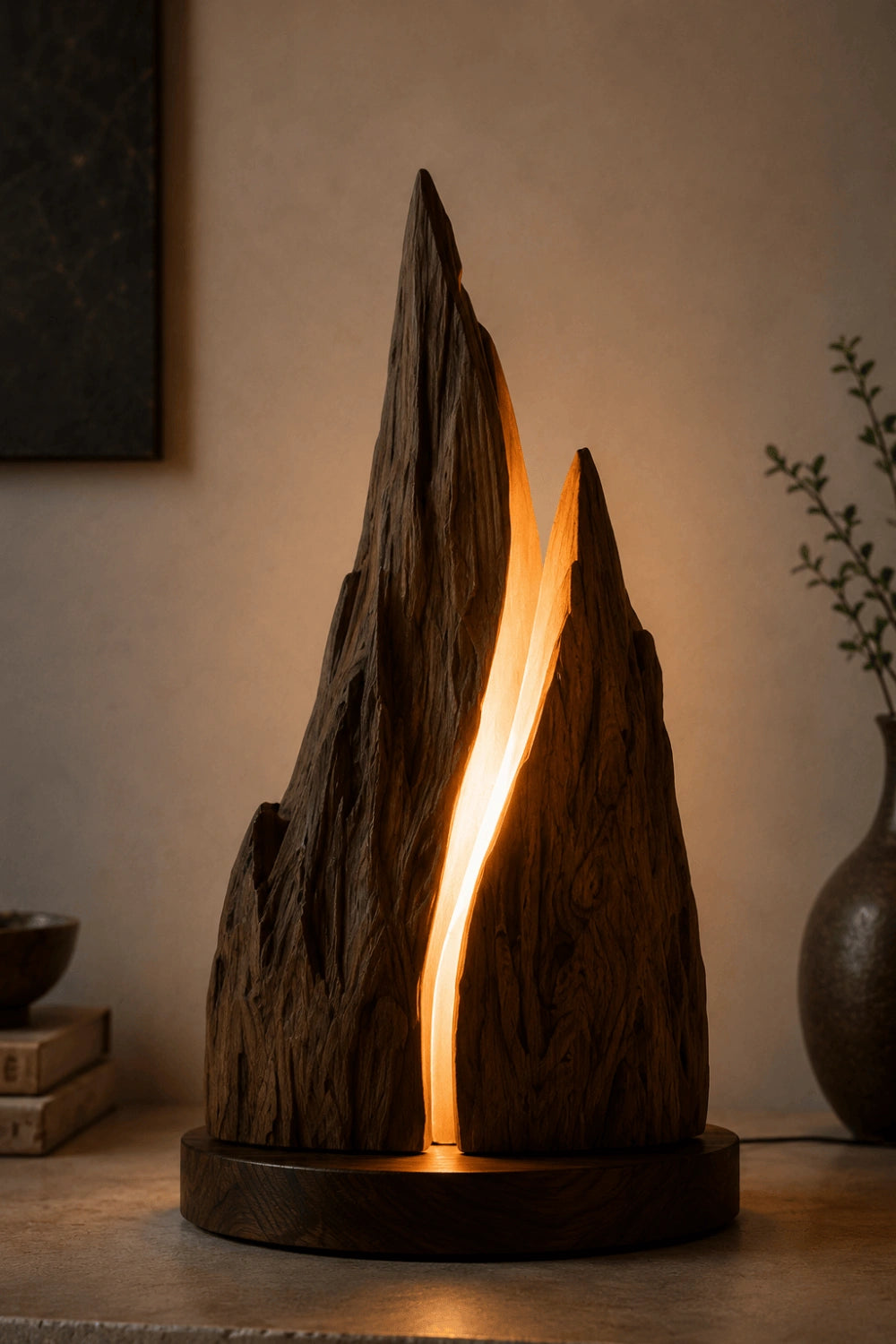 Rustic Mountain Peak Wood Lamp | Handcrafted Raw Wood Sculpture Decor & Gift
