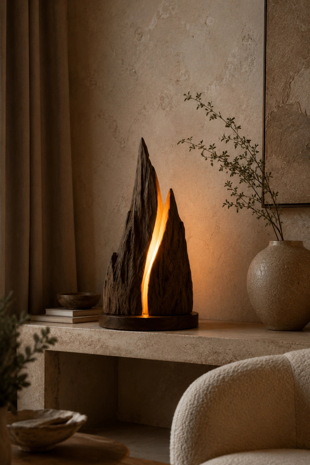 Rustic Mountain Peak Wood Lamp | Handcrafted Raw Wood Sculpture Decor & Gift
