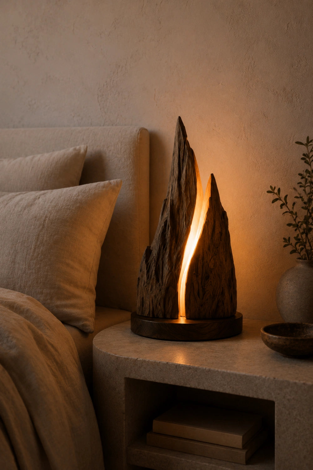 Rustic Mountain Peak Wood Lamp | Handcrafted Raw Wood Sculpture Decor & Gift
