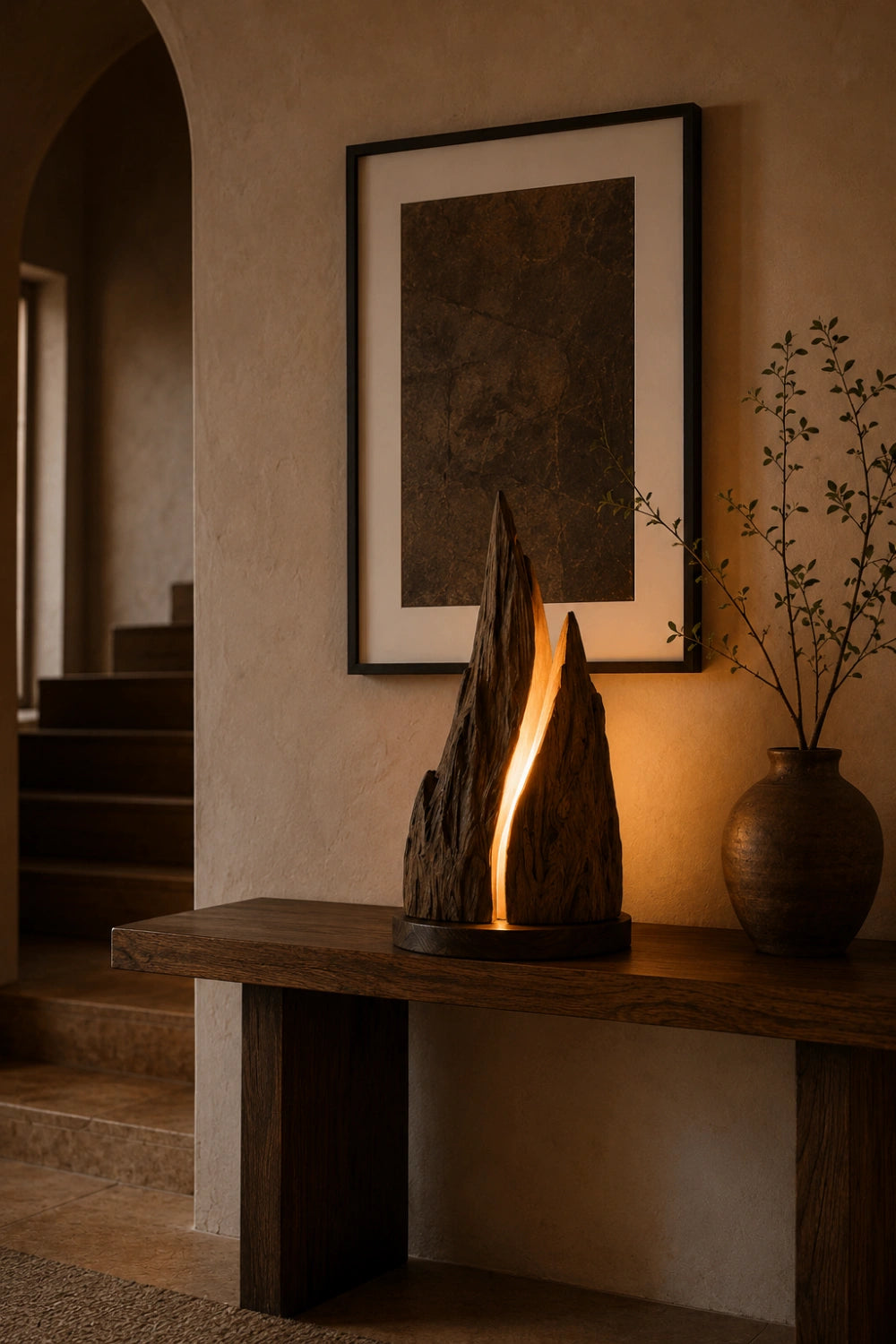 Rustic Mountain Peak Wood Lamp | Handcrafted Raw Wood Sculpture Decor & Gift