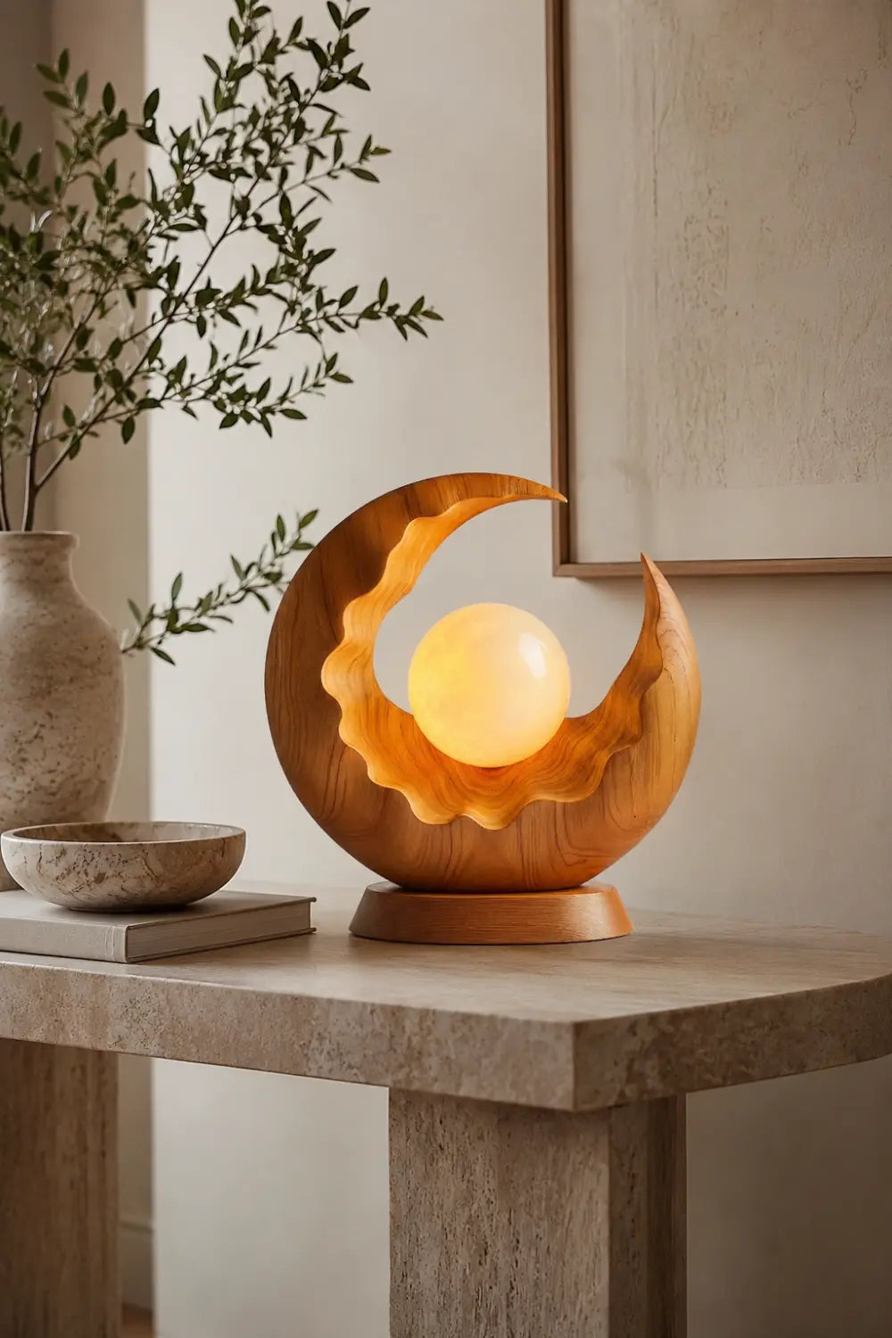 Scalloped Wood Crescent Moon Lamp | Wavy Organic Decor Unique Gift