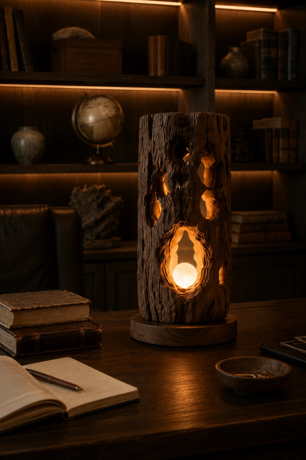 Rustic Log Wood Table Lamp | Natural Bark Texture Light | Unique Earthy Decoration Gift