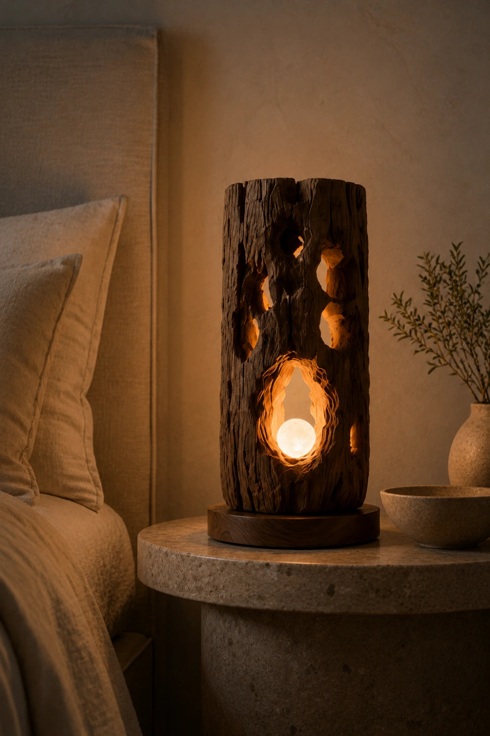 Rustic Log Wood Table Lamp | Natural Bark Texture Light | Unique Earthy Decoration Gift