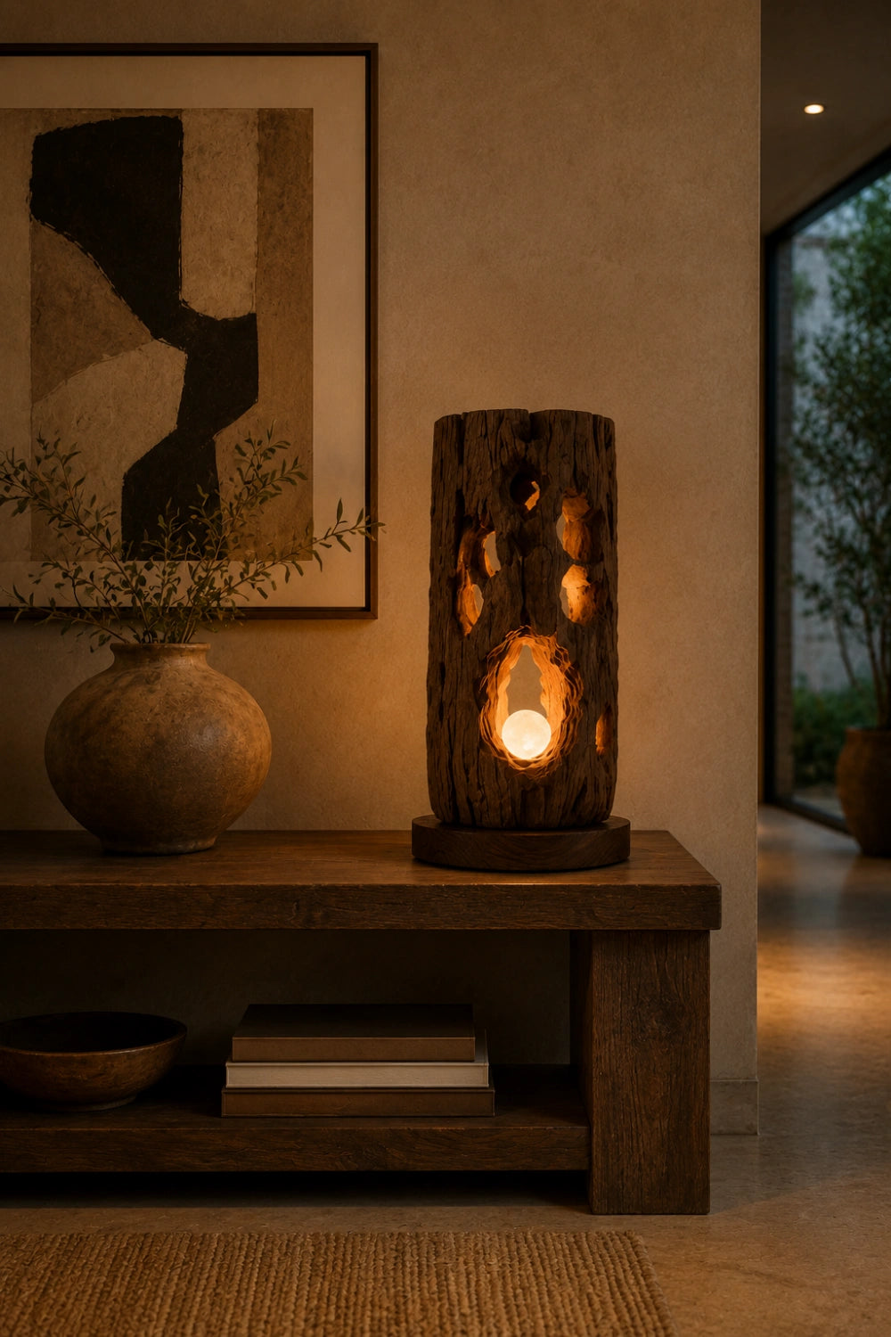 Rustic Log Wood Table Lamp | Natural Bark Texture Light | Unique Earthy Decoration Gift