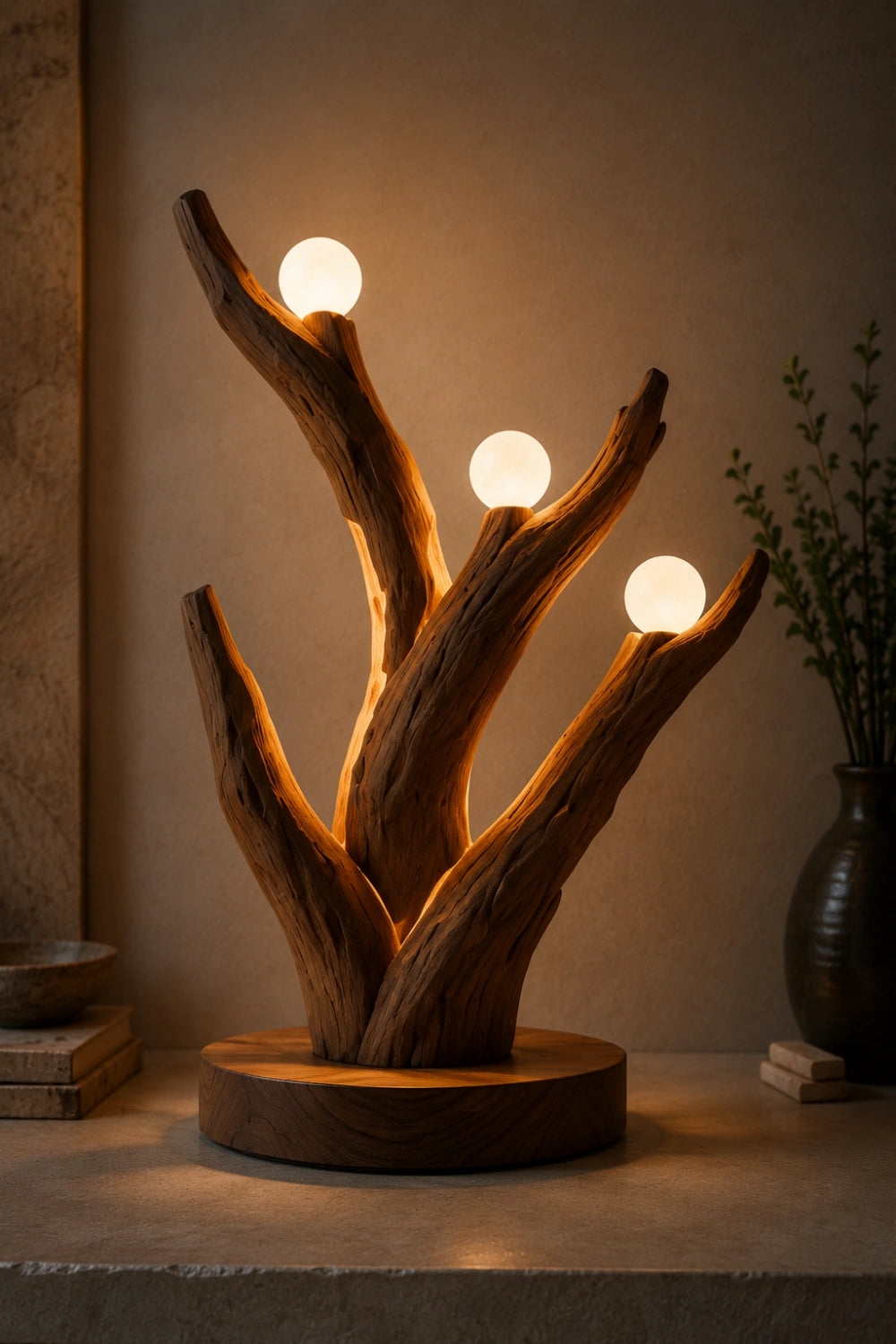 Multi-Light Tree Branch Wood Lamp | Unique Sculptural Decoration & Gift