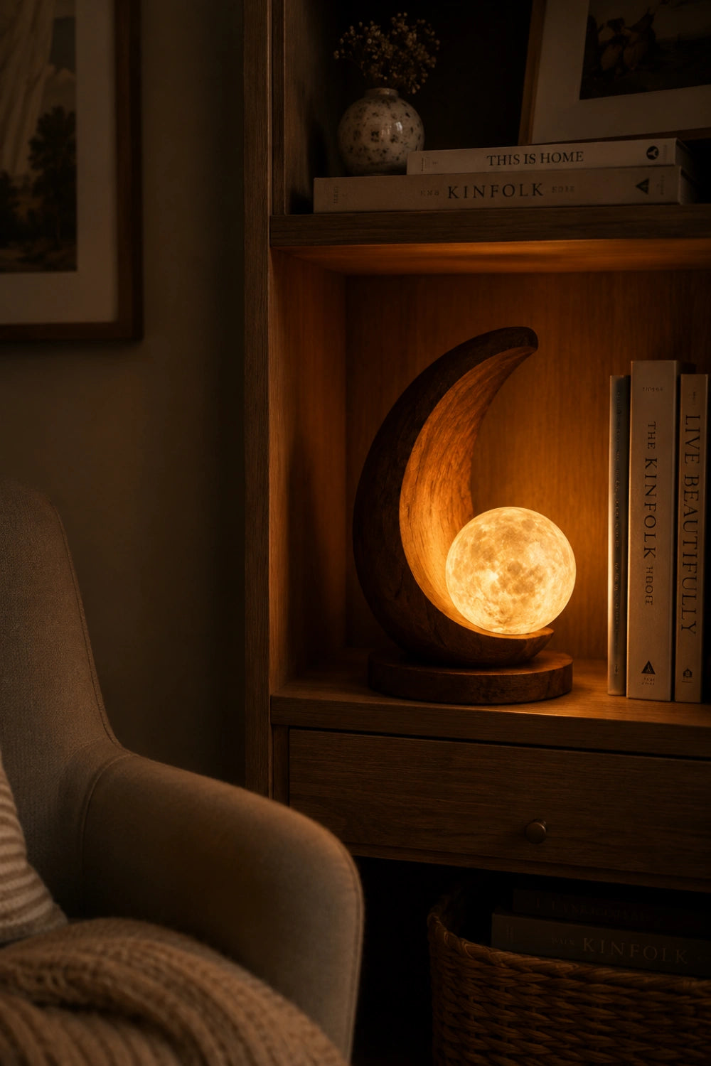 Sculptural Wood Moon Sphere Lamp | Creative Desktop Light | Unique Gift Decoration
