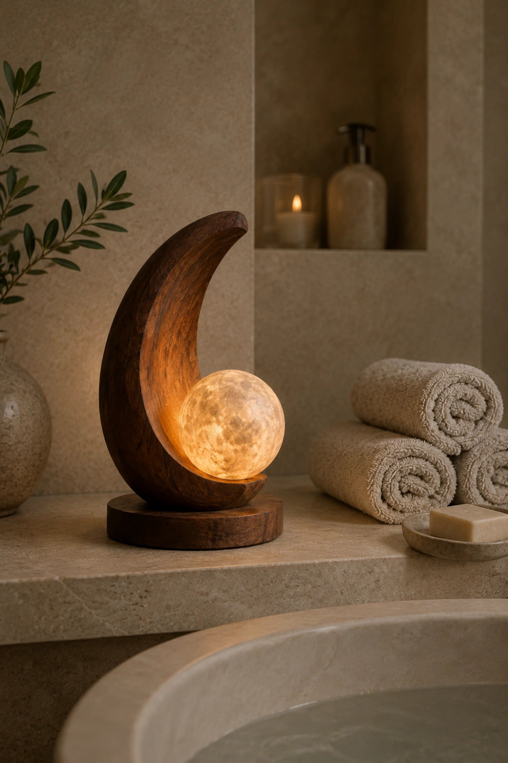 Sculptural Wood Moon Sphere Lamp | Creative Desktop Light | Unique Gift Decoration