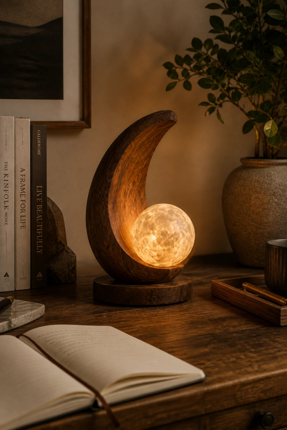 Sculptural Wood Moon Sphere Lamp | Creative Desktop Light | Unique Gift Decoration
