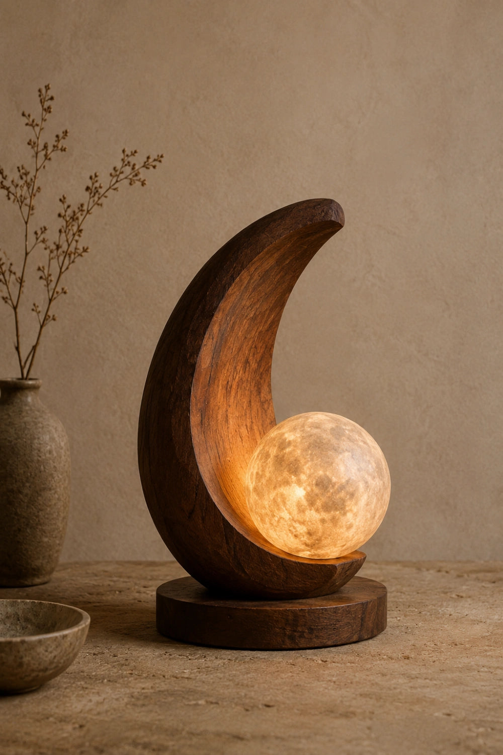 Sculptural Wood Moon Sphere Lamp | Creative Desktop Light | Unique Gift Decoration