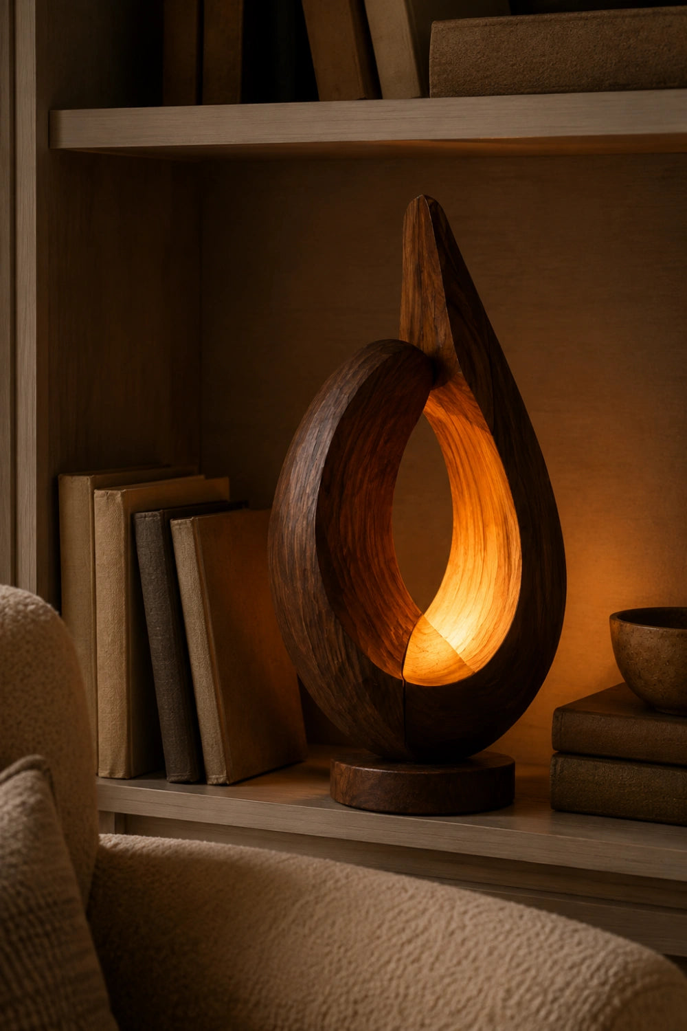 Modern Sculptural Teardrop Wood Lamp | Abstract Glow Ornament & Unique Home Gift