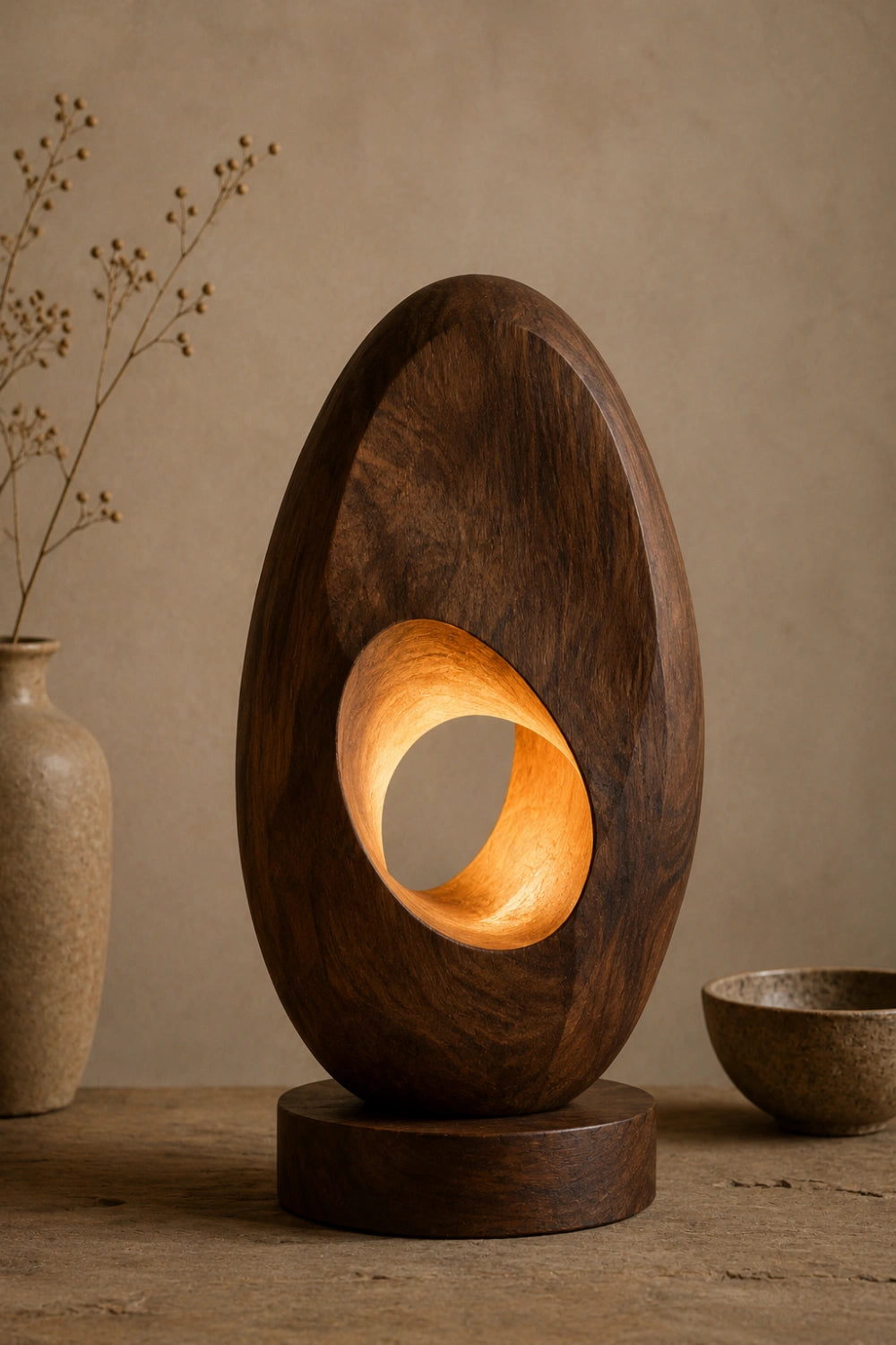 Abstract Oval Wood Sculpture Lamp | Modern Vortex Light | Aesthetic Tabletop Gift
