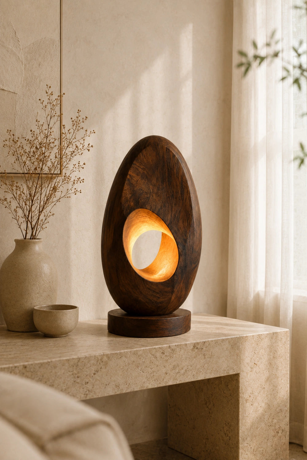 Abstract Oval Wood Sculpture Lamp | Modern Vortex Light | Aesthetic Tabletop Gift