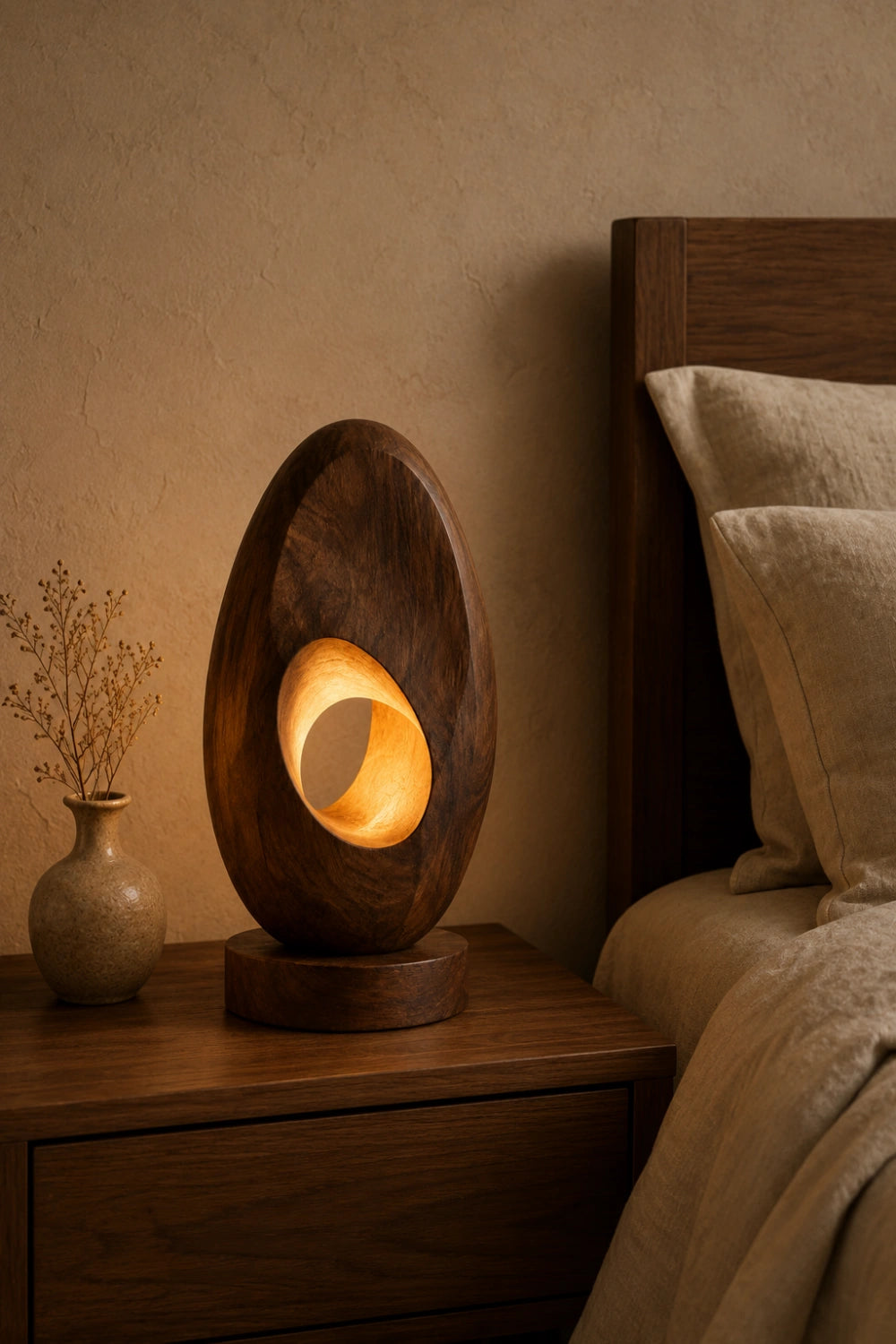Abstract Oval Wood Sculpture Lamp | Modern Vortex Light | Aesthetic Tabletop Gift