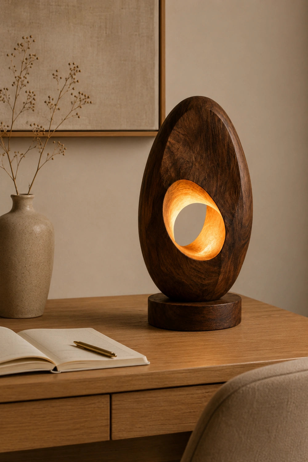 Abstract Oval Wood Sculpture Lamp | Modern Vortex Light | Aesthetic Tabletop Gift