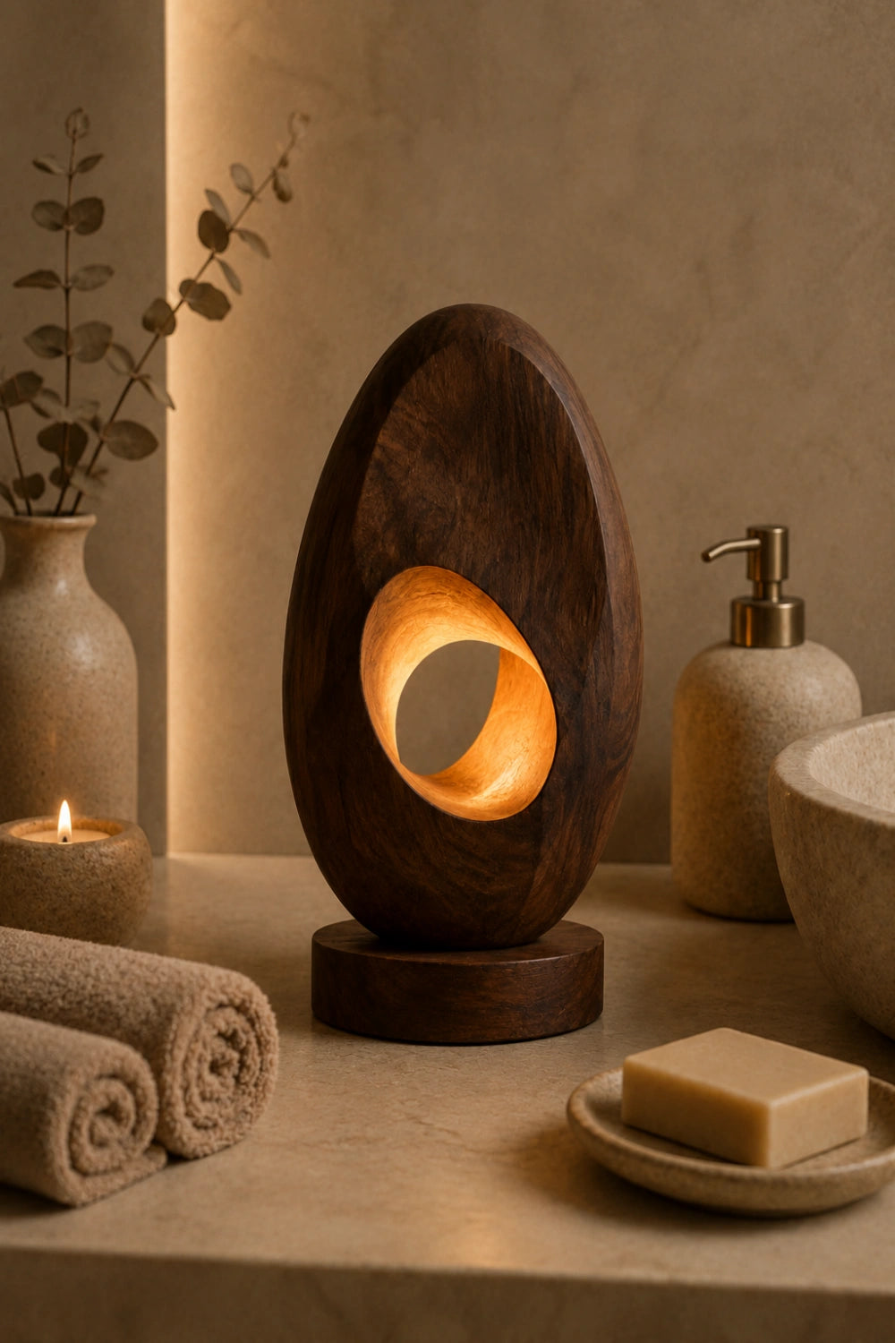 Abstract Oval Wood Sculpture Lamp | Modern Vortex Light | Aesthetic Tabletop Gift