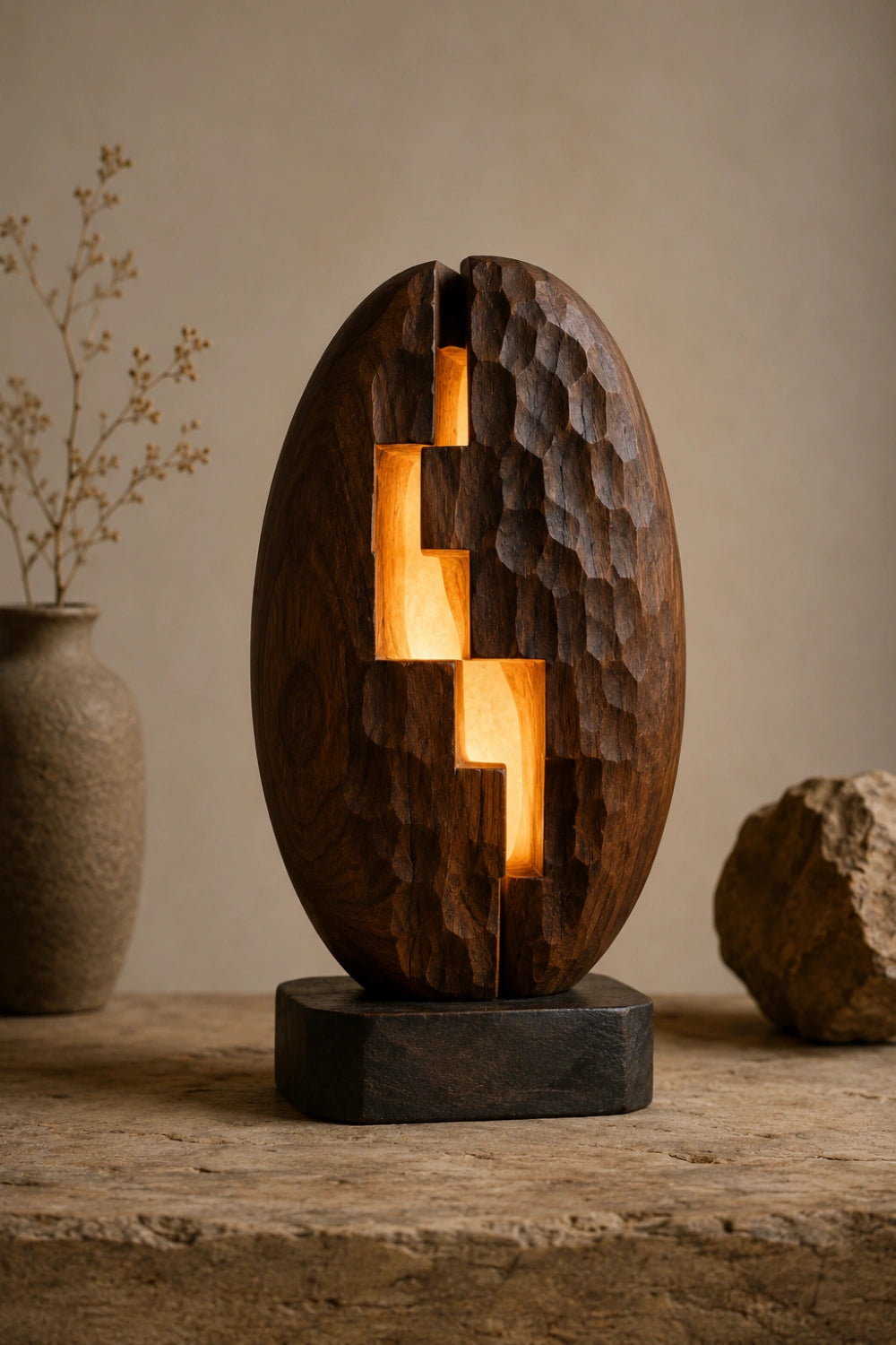Stepped Geometric Wood Lamp Textured Chiseled Sculpture Light Unique Decor Gift