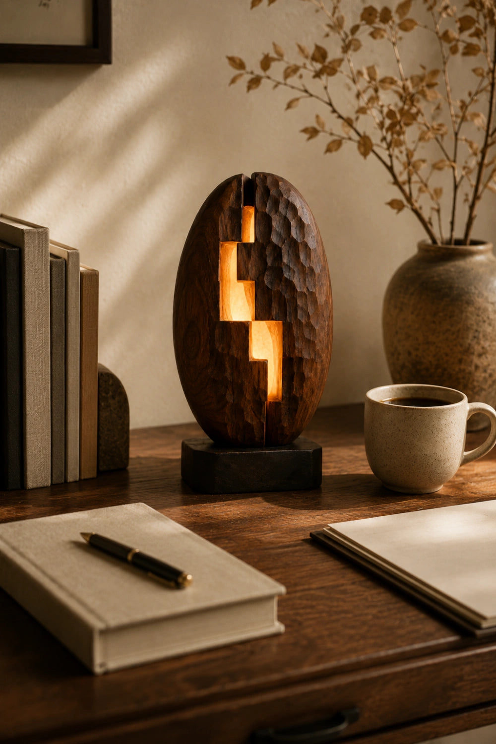 Stepped Geometric Wood Lamp Textured Chiseled Sculpture Light Unique Decor Gift