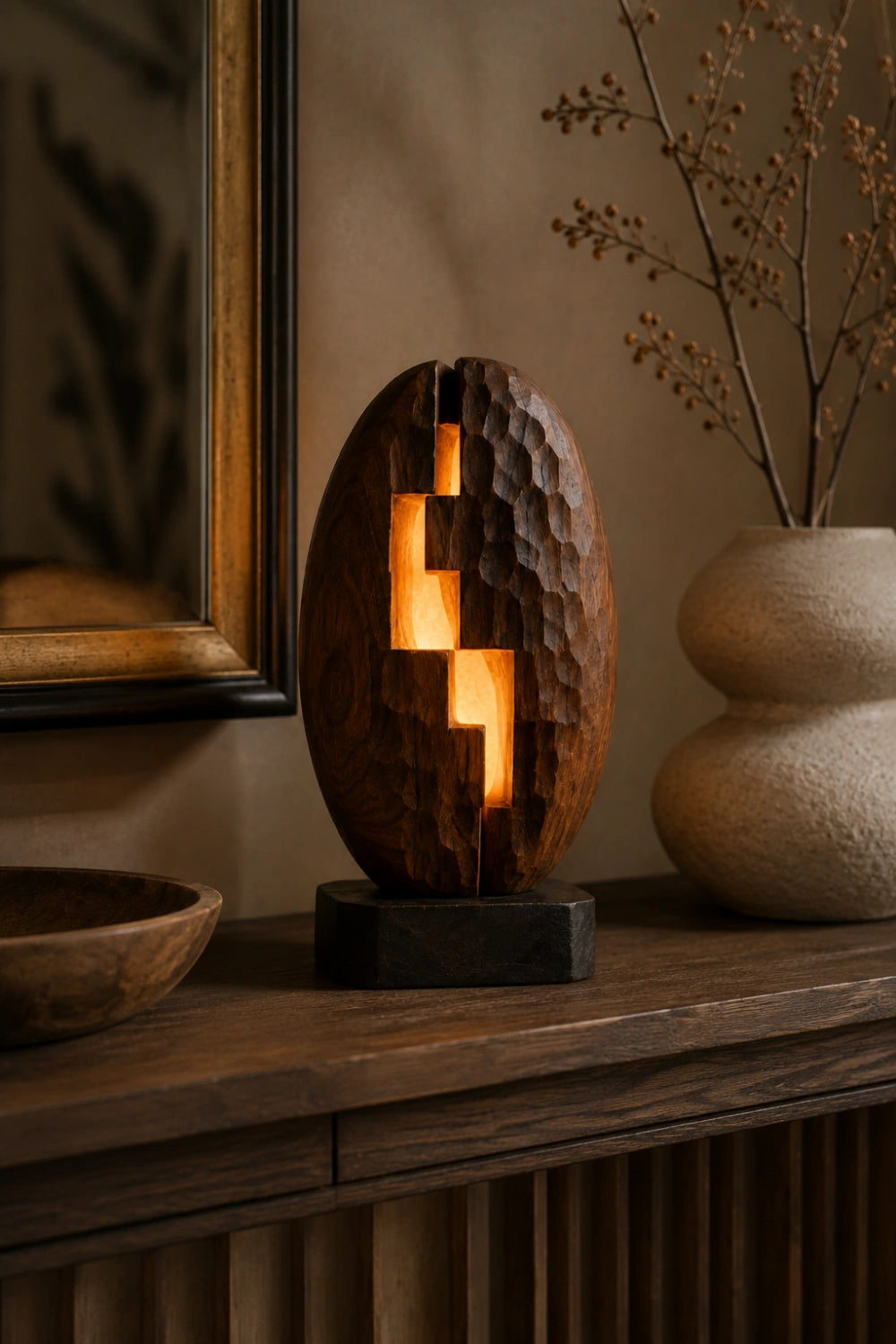 Stepped Geometric Wood Lamp Textured Chiseled Sculpture Light Unique Decor Gift