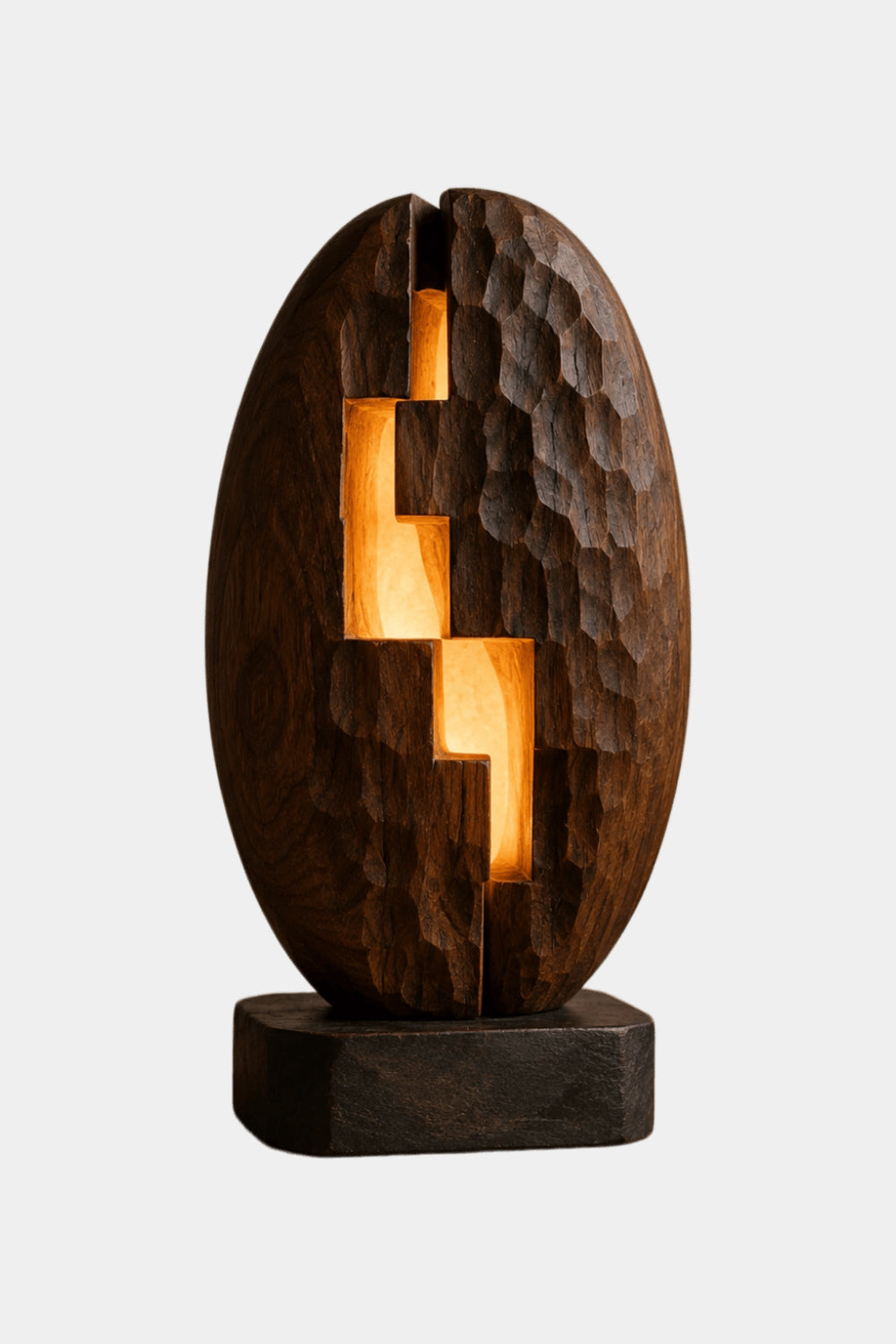 Stepped Geometric Wood Lamp Textured Chiseled Sculpture Light Unique Decor Gift