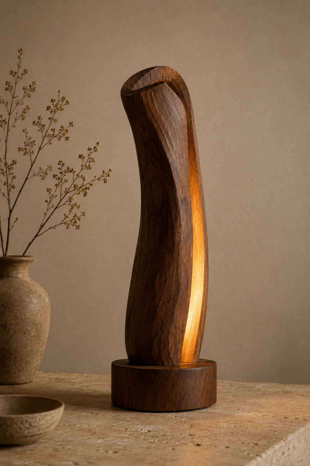 Wabi-Sabi Curved Wooden Light | Minimalist Slender Art Lamp | Modern Decor Gift