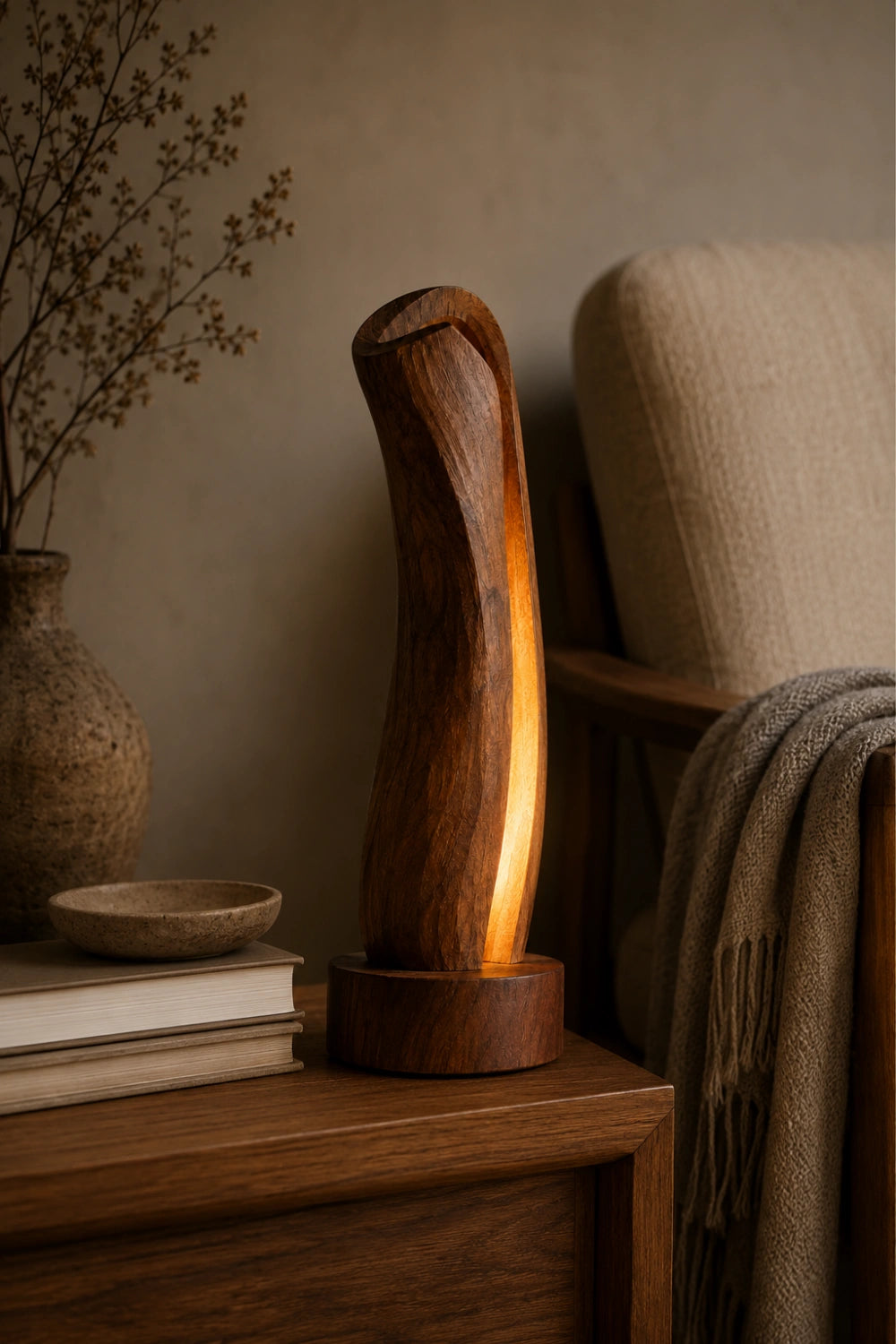 Wabi-Sabi Curved Wooden Light | Minimalist Slender Art Lamp | Modern Decor Gift
