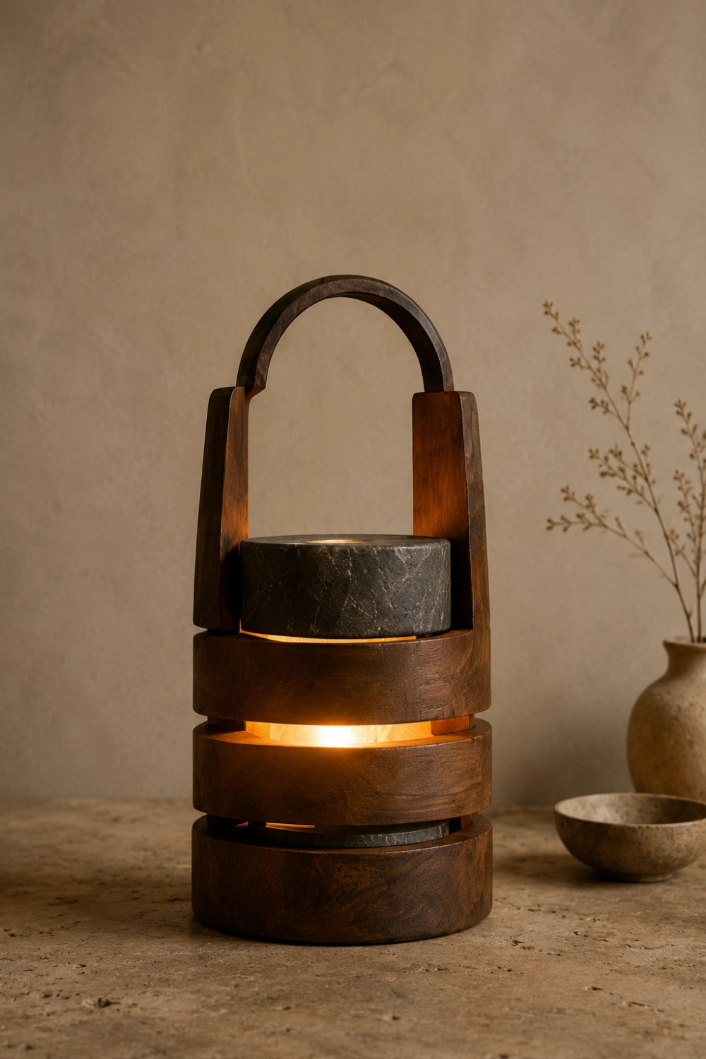 Modern Wood Lantern Table Lamp | Arch Handle Tiered Light | Unique Decorative Gift