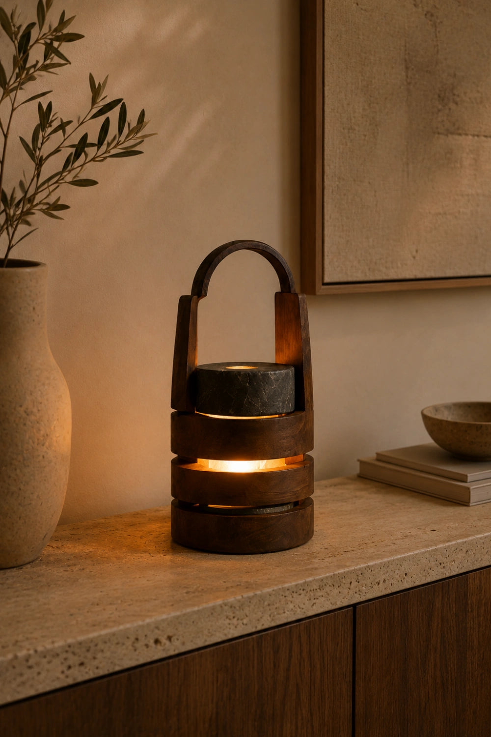 Modern Wood Lantern Table Lamp | Arch Handle Tiered Light | Unique Decorative Gift