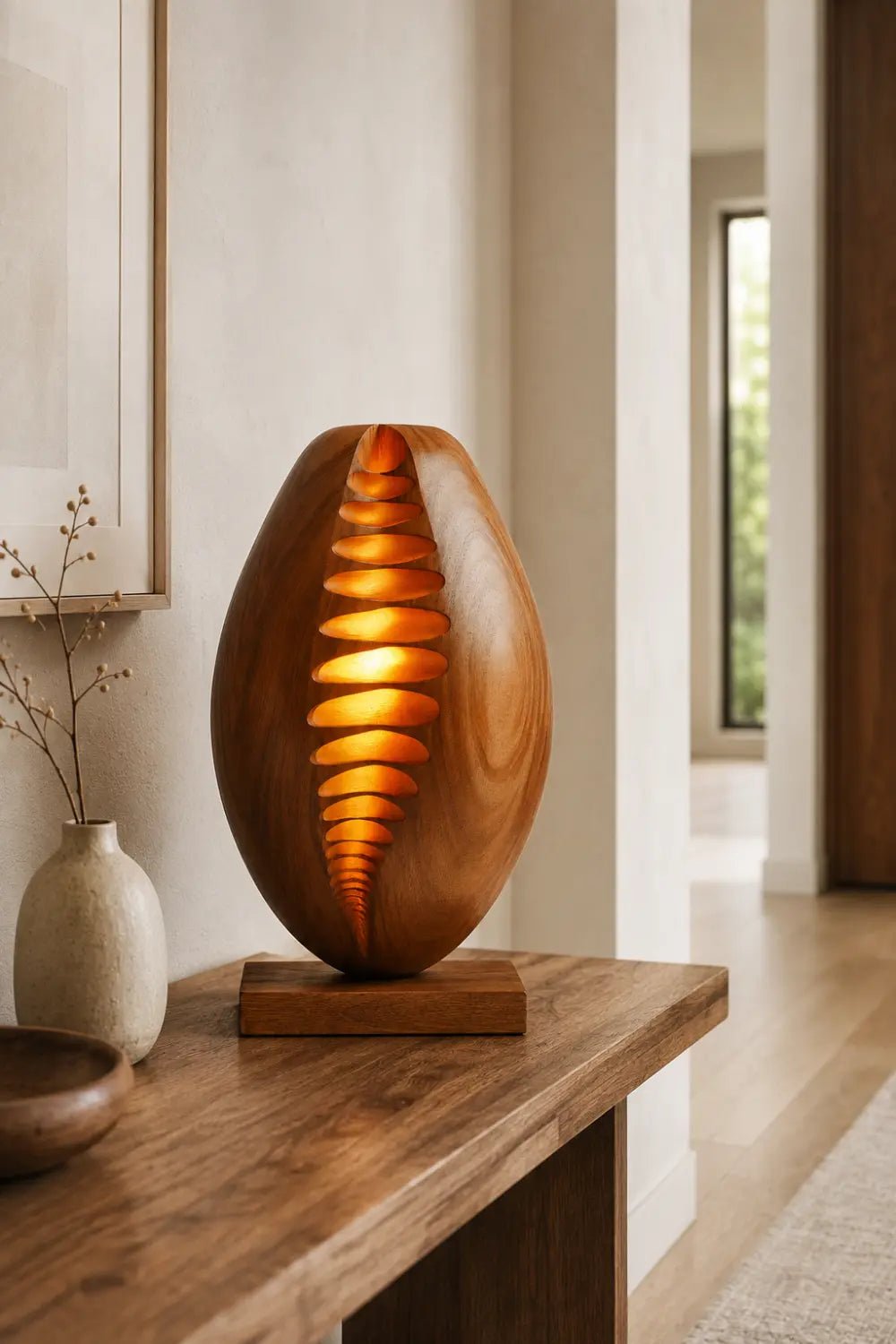 Carved Ribbed Wood Table Lamp | Modern Sculptural Decor Unique Gift Idea