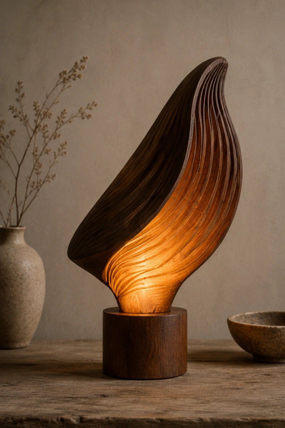 Organic Ribbed Leaf Wood Lamp | Sculptural Rippled Table Light for Decor & Gift