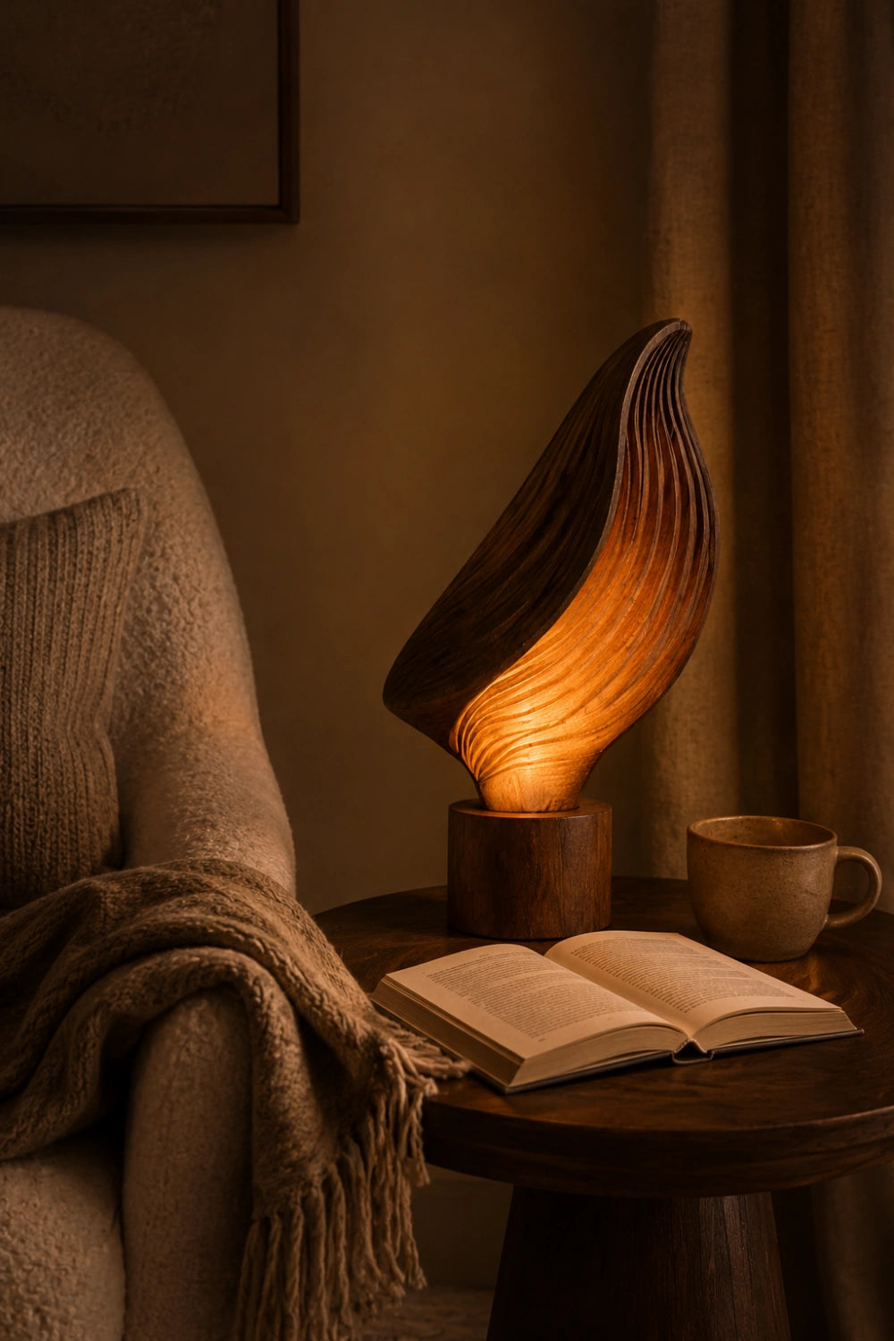 Organic Ribbed Leaf Wood Lamp | Sculptural Rippled Table Light for Decor & Gift