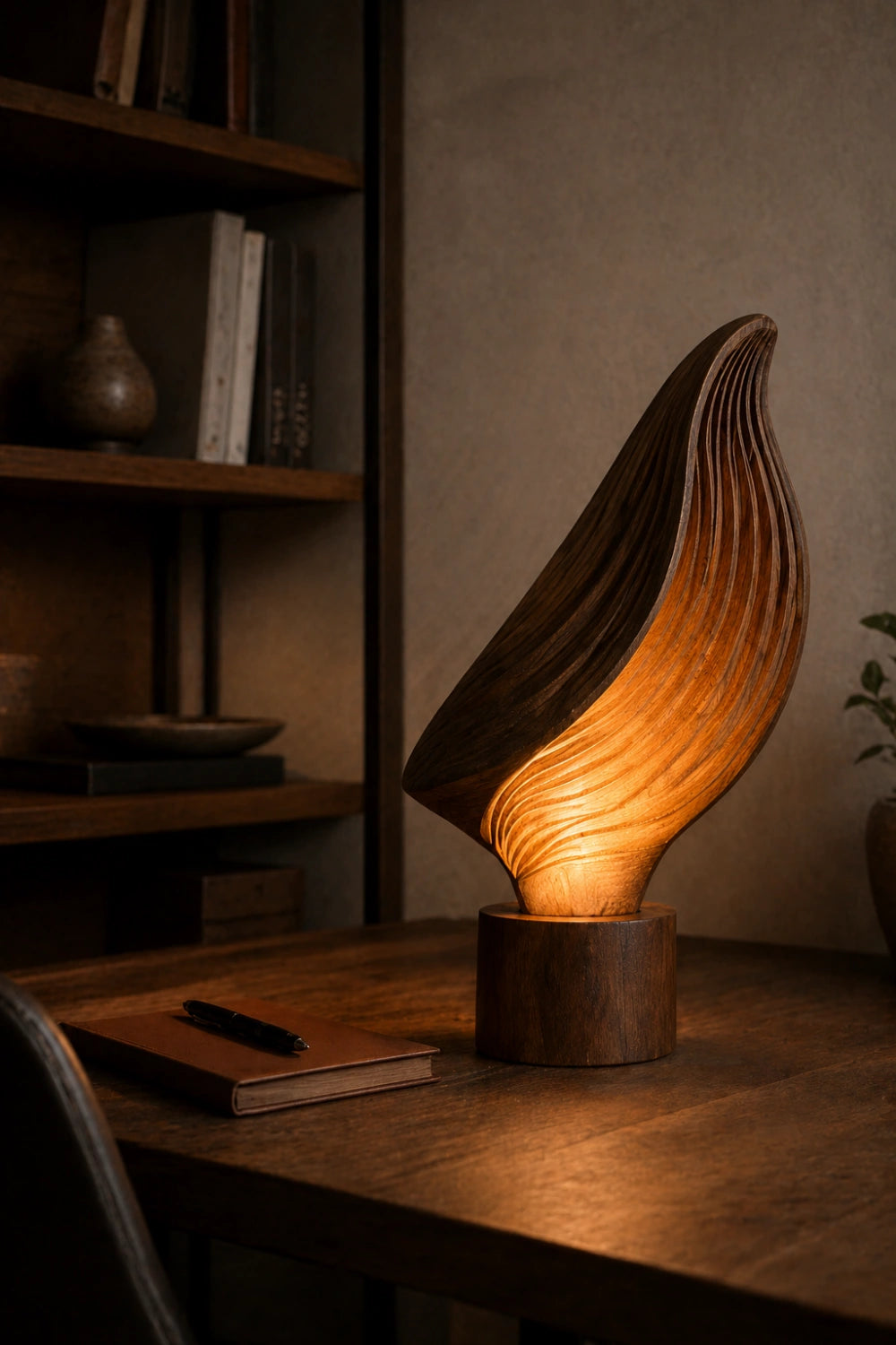 Organic Ribbed Leaf Wood Lamp | Sculptural Rippled Table Light for Decor & Gift