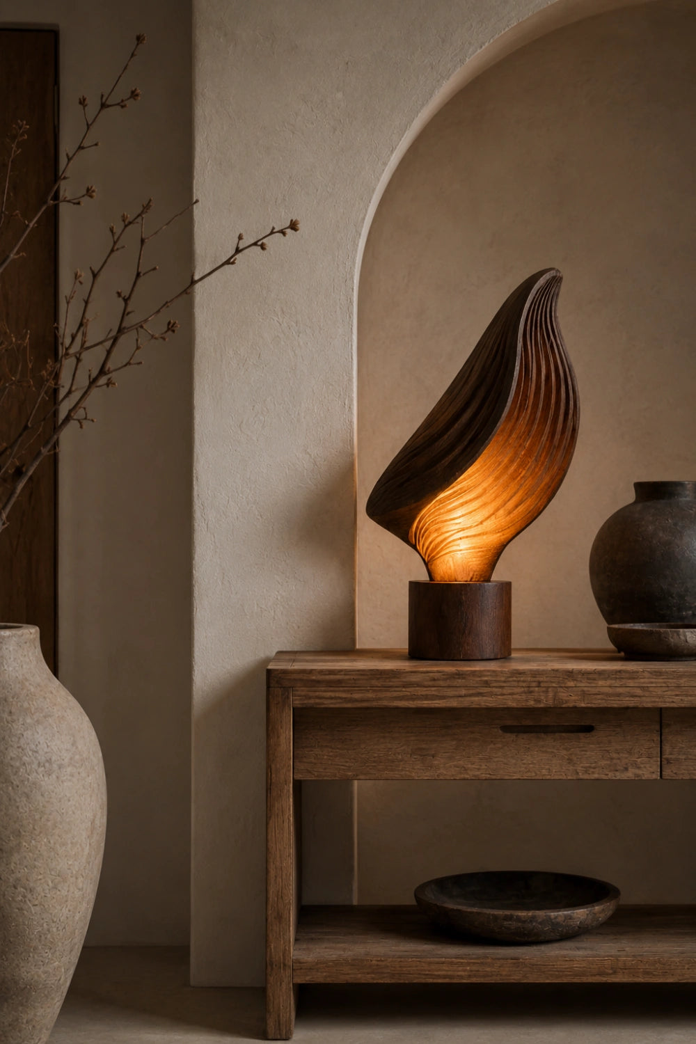 Organic Ribbed Leaf Wood Lamp | Sculptural Rippled Table Light for Decor & Gift