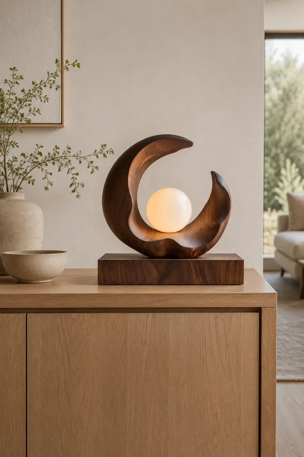 Sculptural Wood Crescent Lamp | Modern Orb Mood Decor Unique Gift Idea
