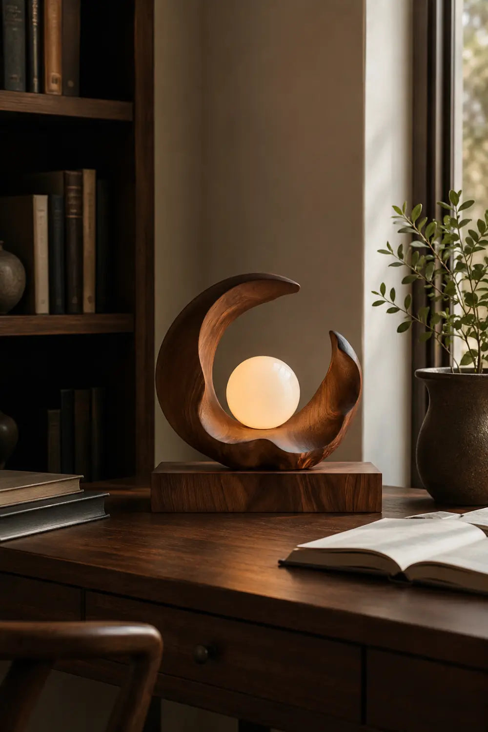 Sculptural Wood Crescent Lamp | Modern Orb Mood Decor Unique Gift Idea