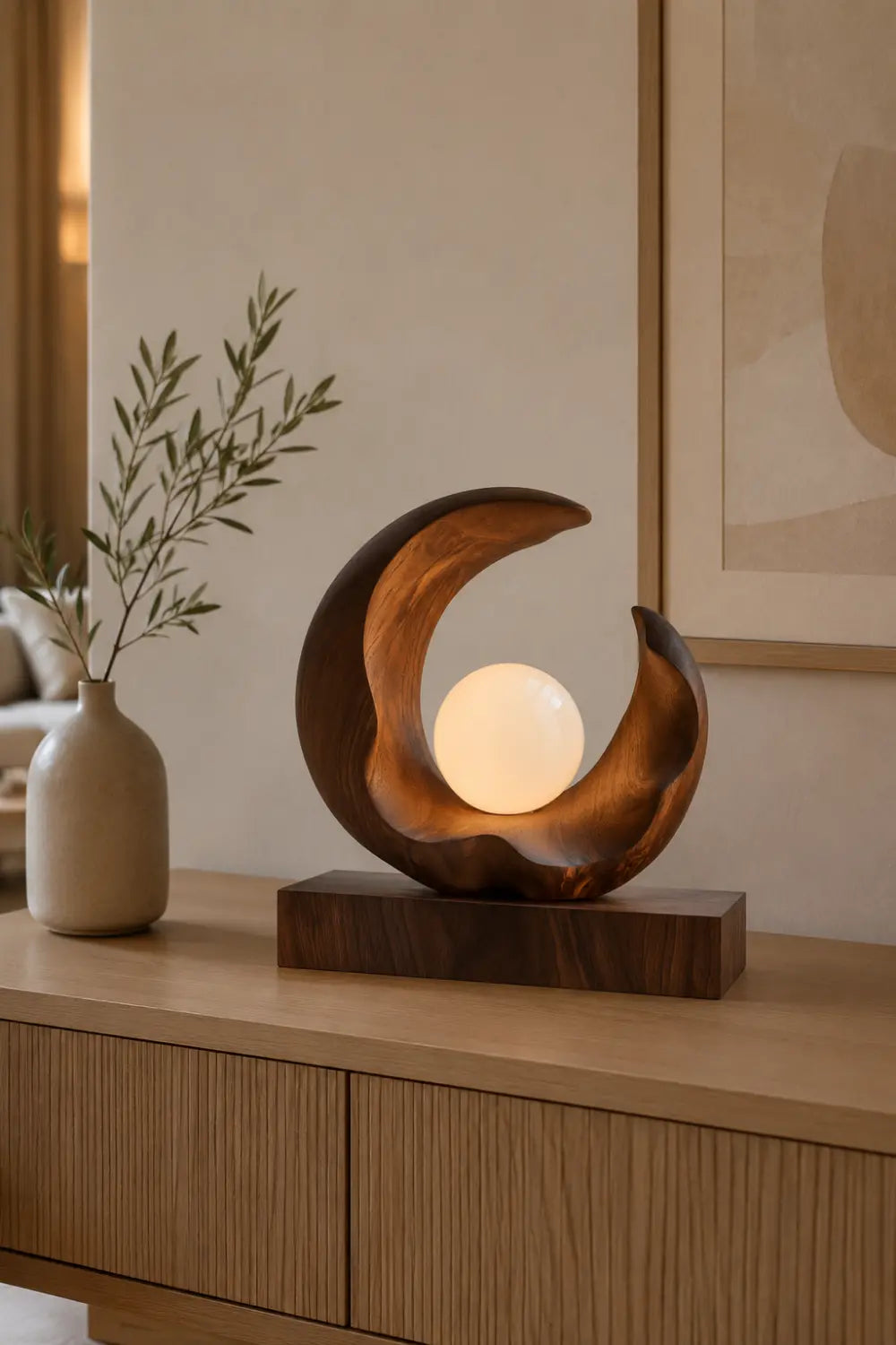 Sculptural Wood Crescent Lamp | Modern Orb Mood Decor Unique Gift Idea
