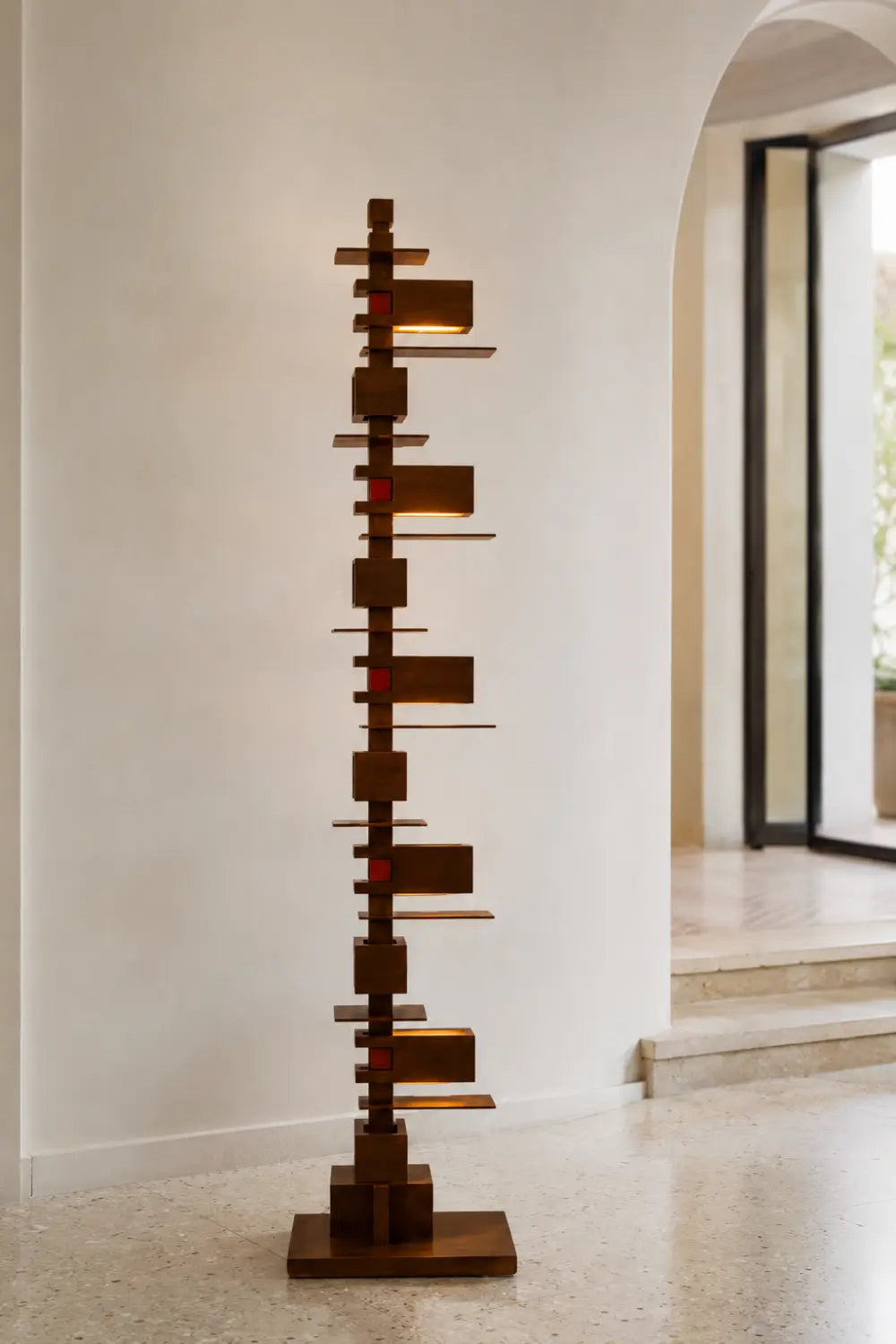 Large Modern Wooden Floor Lamp Abstract Geometric Totem Design For Living Room