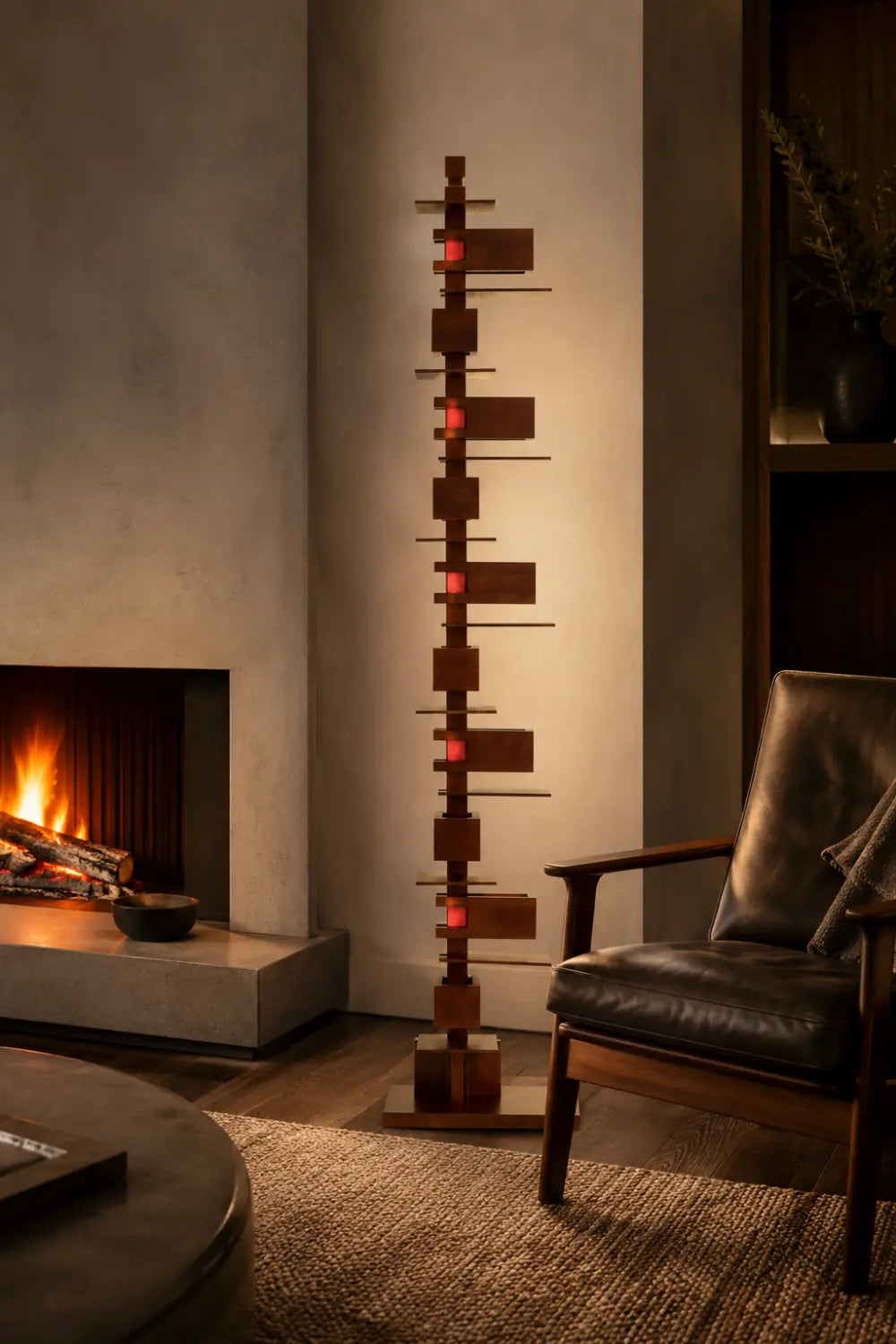 Large Modern Wooden Floor Lamp Abstract Geometric Totem Design For Living Room