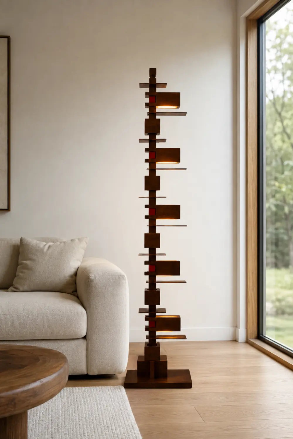 Large Modern Wooden Floor Lamp Abstract Geometric Totem Design For Living Room
