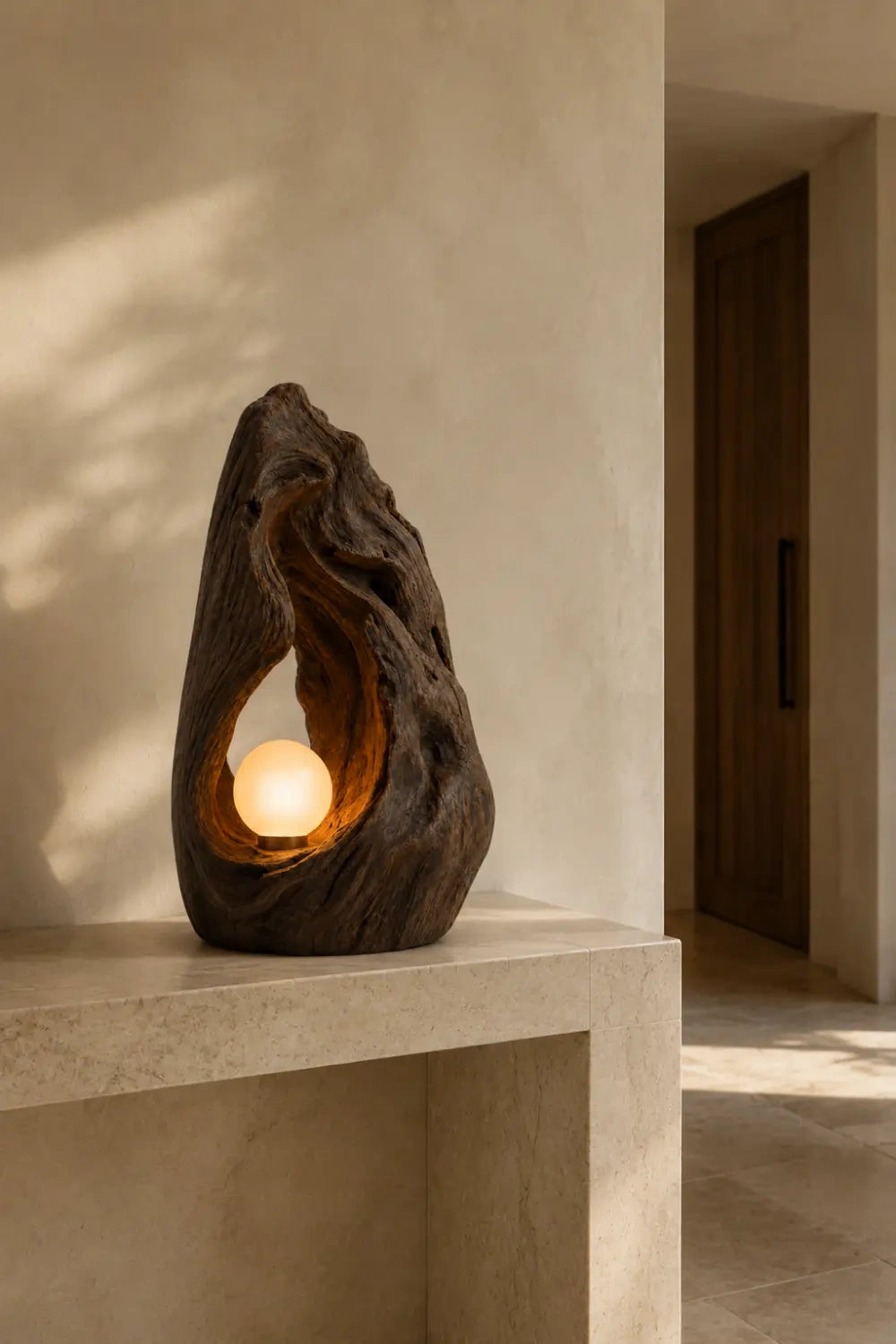Hand Carved Organic Wood Table Lamp With Warm Glow For Modern Living Rooms