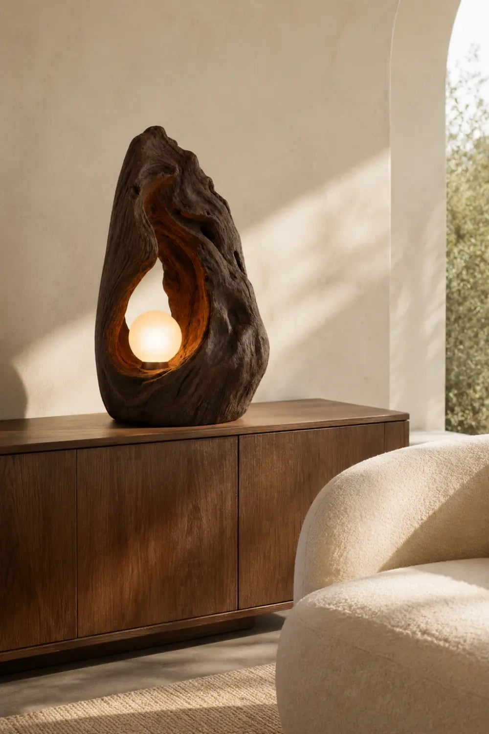 Hand Carved Organic Wood Table Lamp With Warm Glow For Modern Living Rooms
