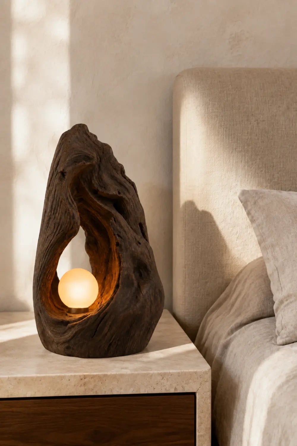 Hand Carved Organic Wood Table Lamp With Warm Glow For Modern Living Rooms