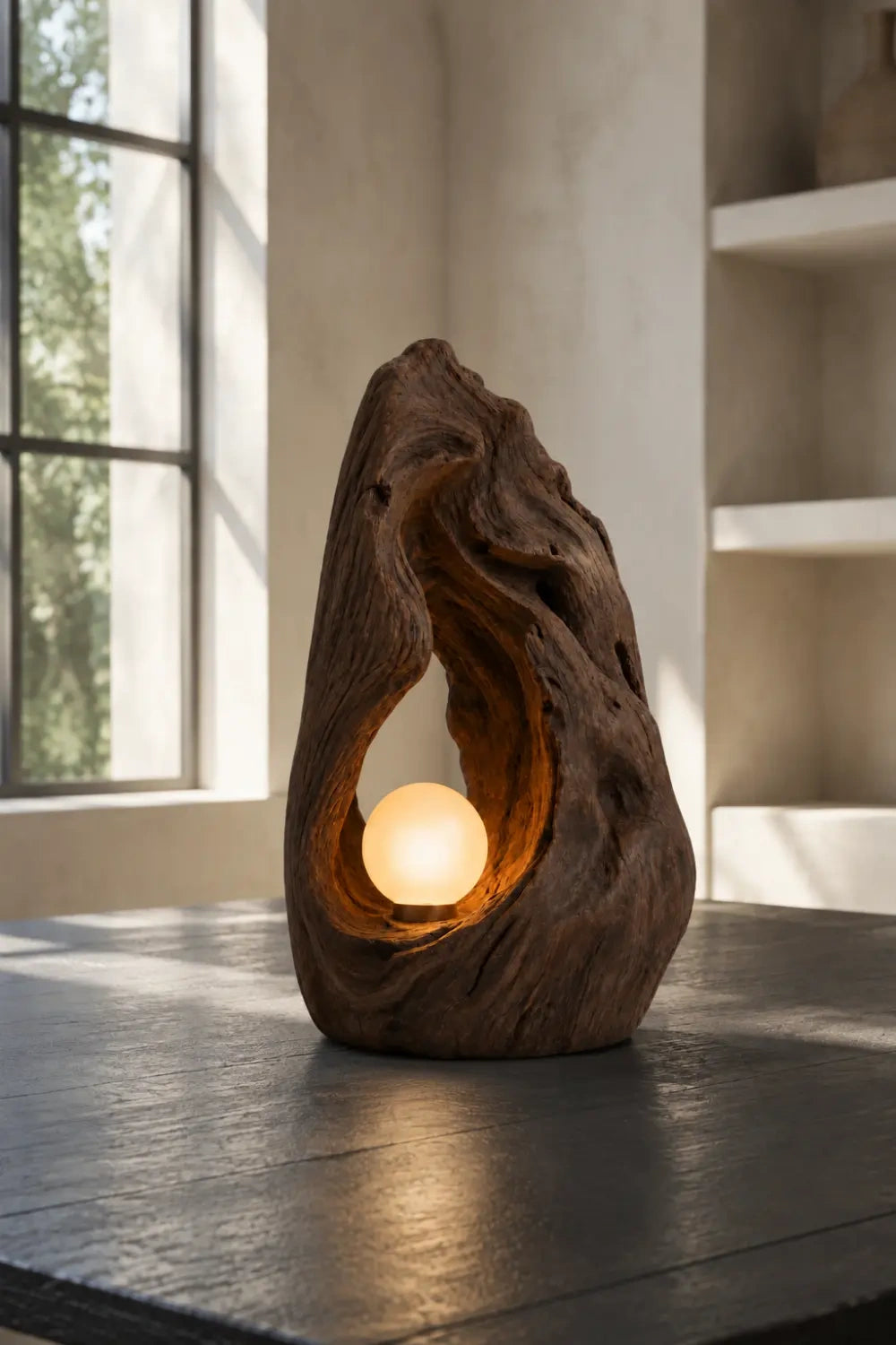 Hand Carved Organic Wood Table Lamp With Warm Glow For Modern Living Rooms