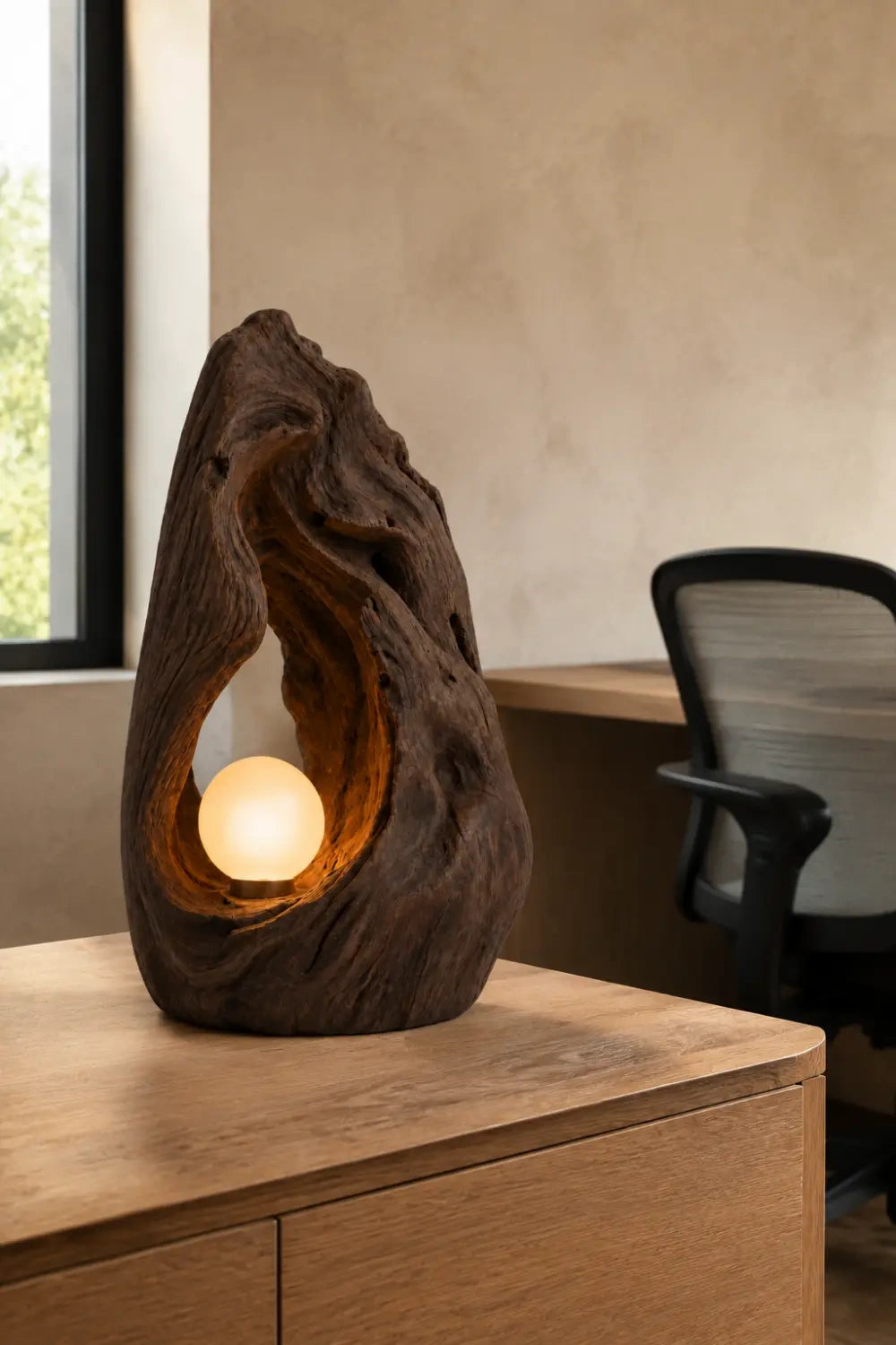 Hand Carved Organic Wood Table Lamp With Warm Glow For Modern Living Rooms