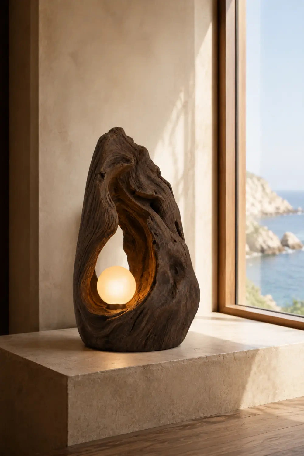 Hand Carved Organic Wood Table Lamp With Warm Glow For Modern Living Rooms