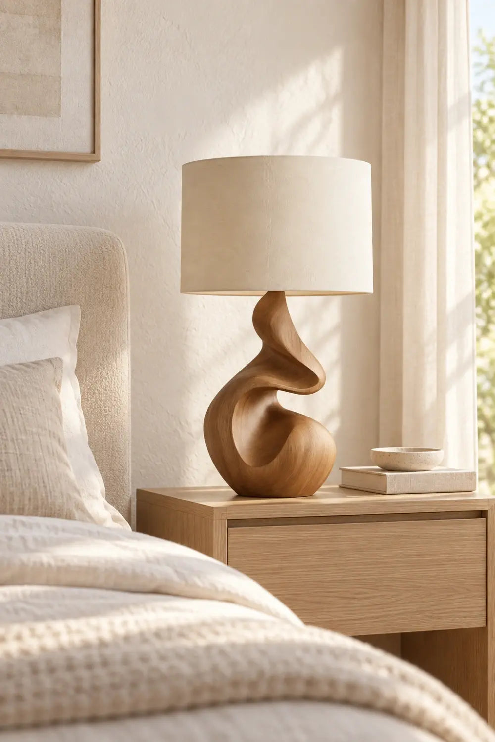 Organic Sculptural Wooden Table Lamp | Fluid Curved Wood Base Ambient Lighting