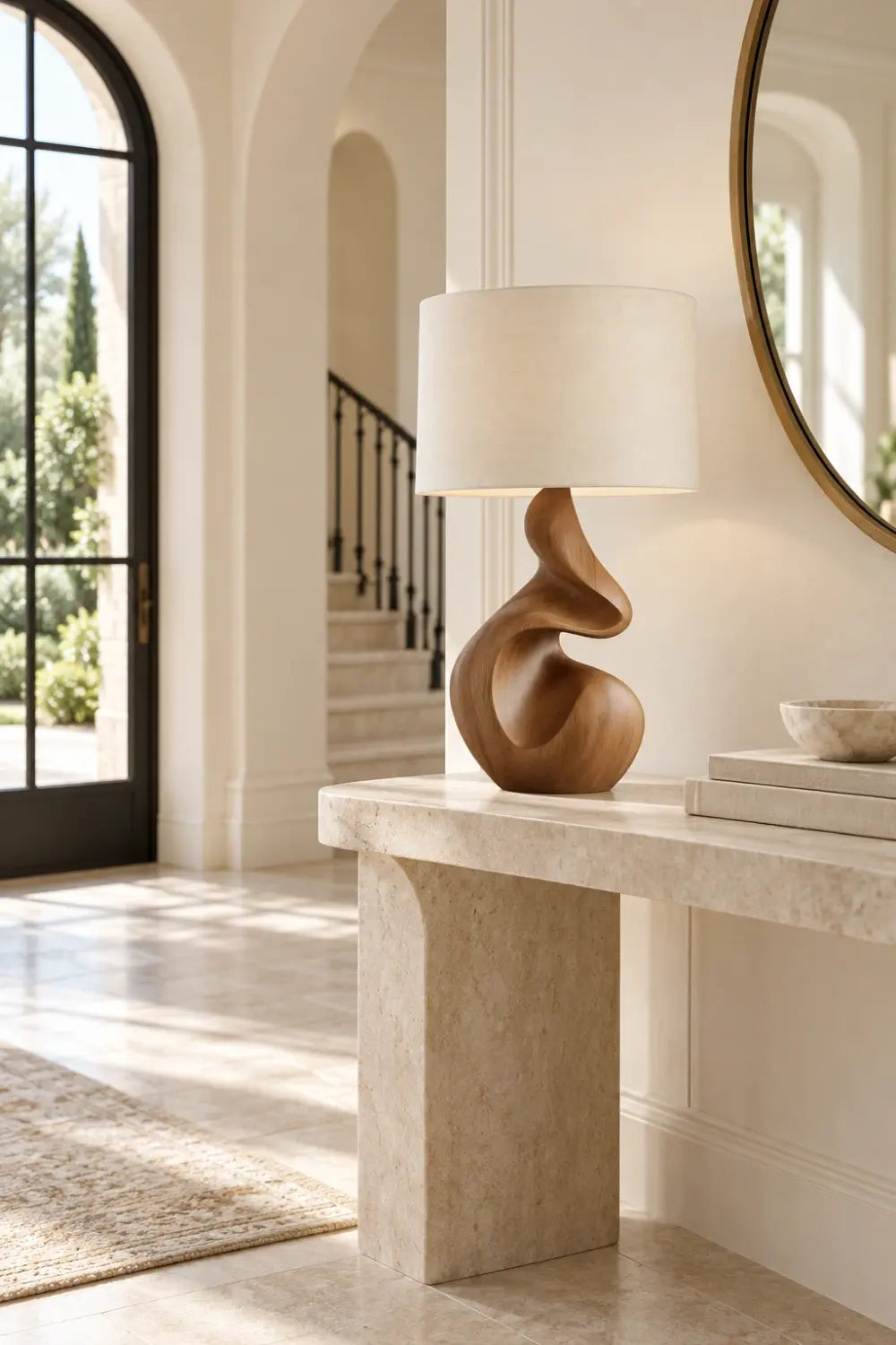 Organic Sculptural Wooden Table Lamp | Fluid Curved Wood Base Ambient Lighting