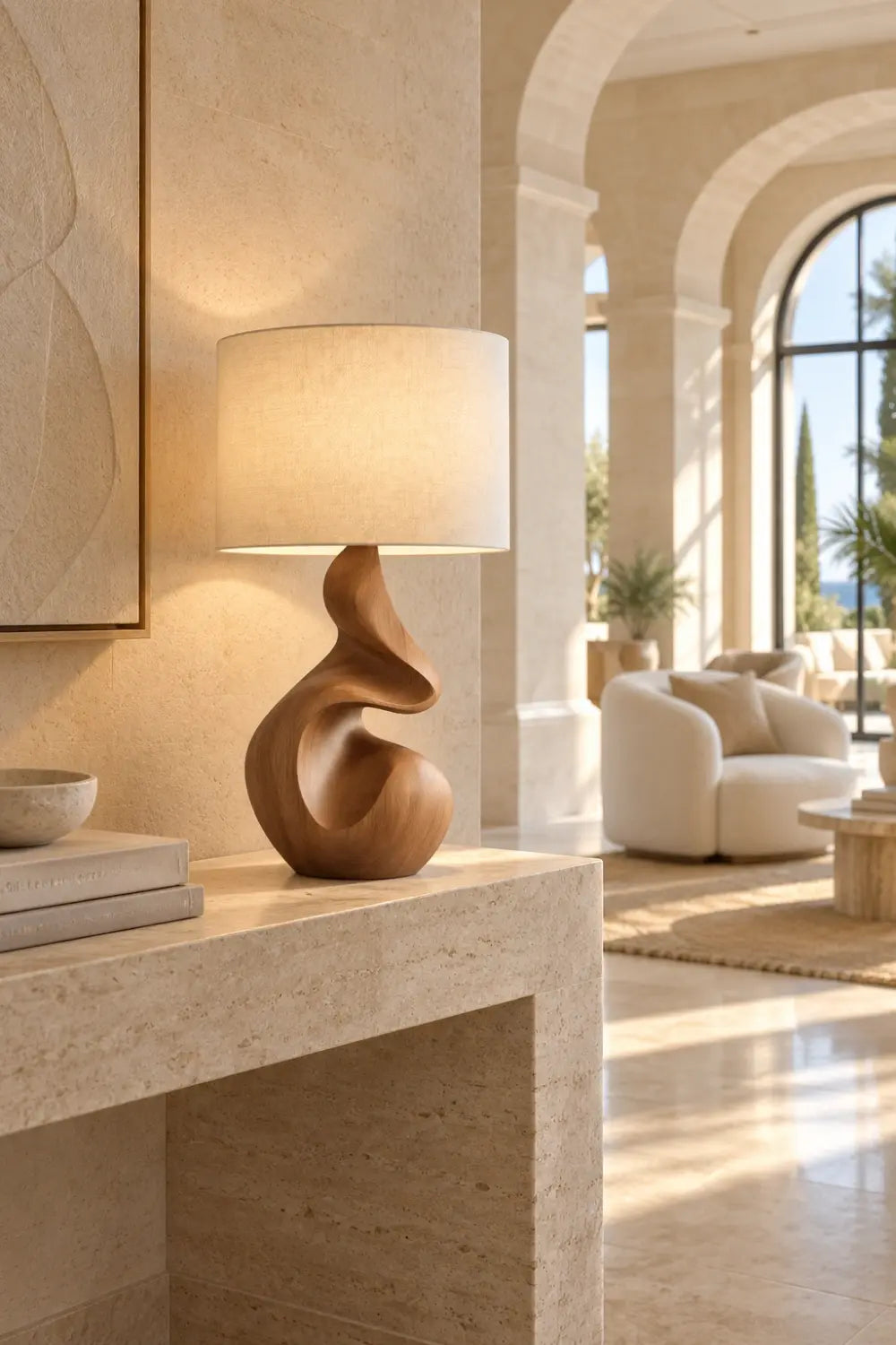 Organic Sculptural Wooden Table Lamp | Fluid Curved Wood Base Ambient Lighting
