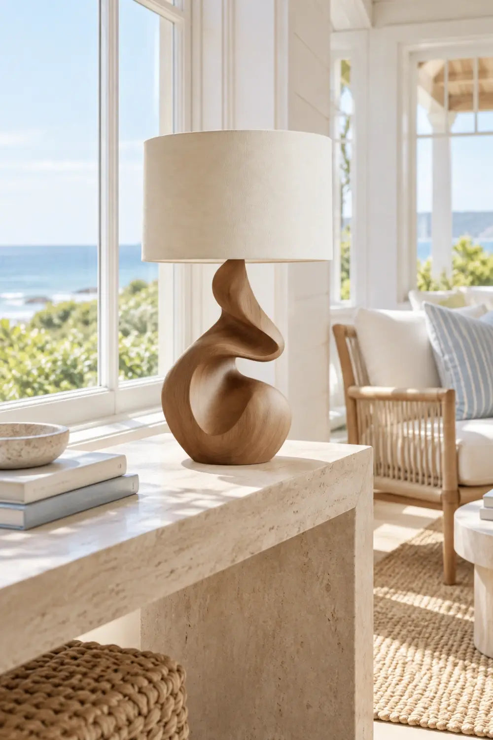 Organic Sculptural Wooden Table Lamp | Fluid Curved Wood Base Ambient Lighting
