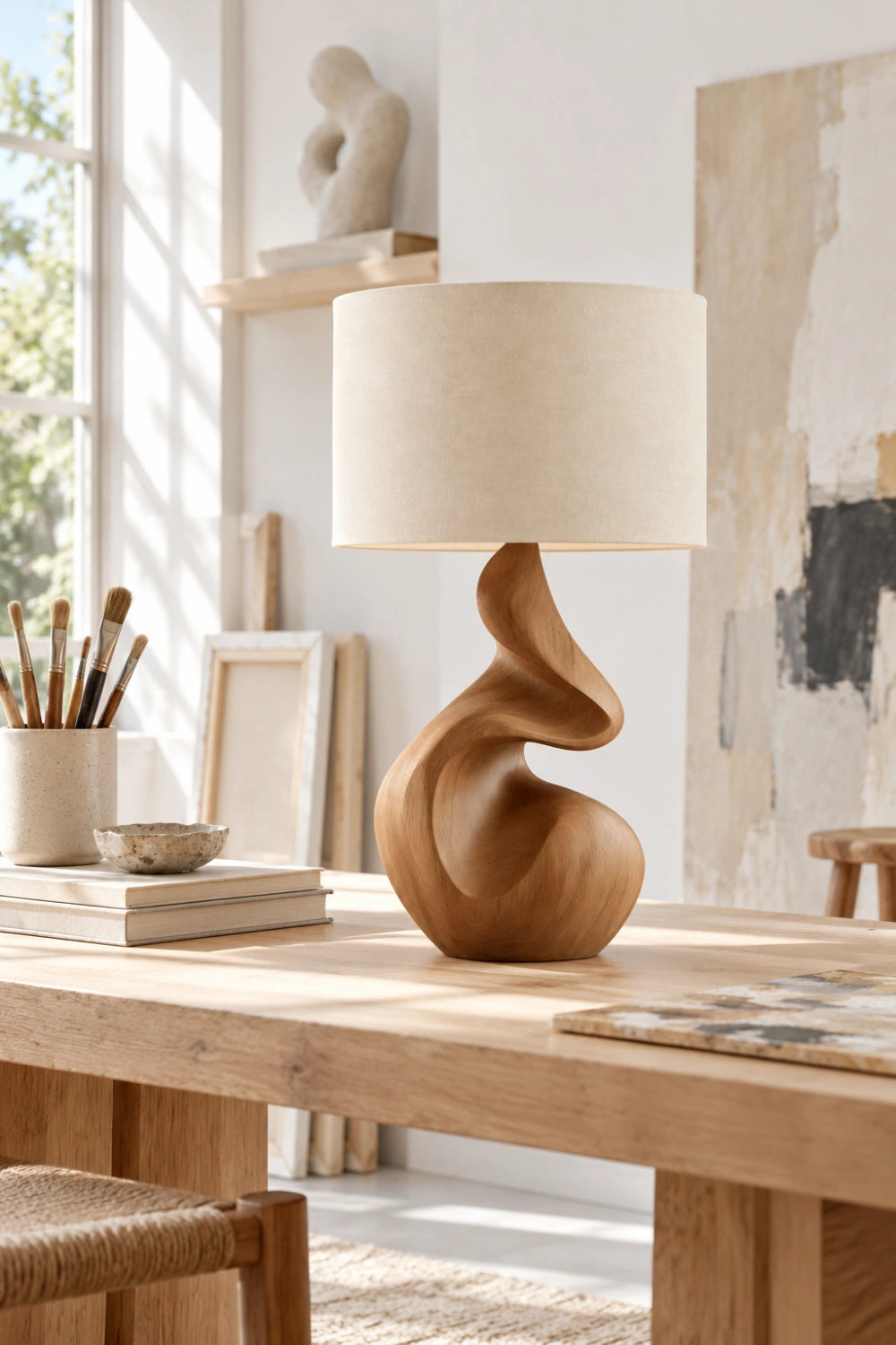Organic Sculptural Wooden Table Lamp | Fluid Curved Wood Base Ambient Lighting
